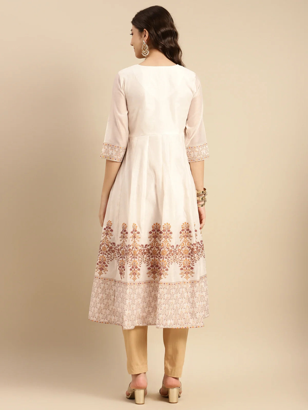 Buy Chanderi Yoke Embroidered Gold Printed Calf Length Partywear Anarkali Kurta-Off White