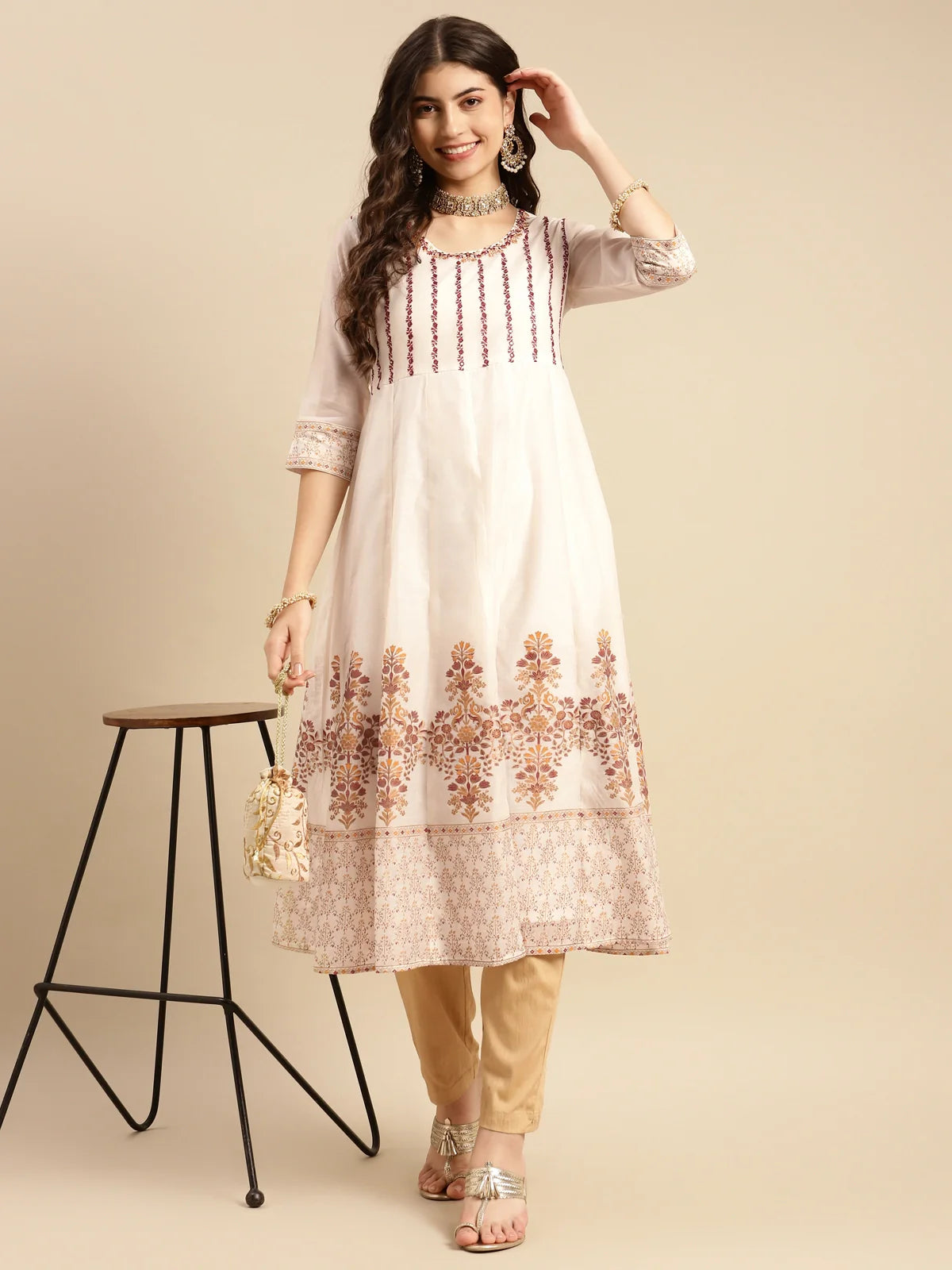 Buy Chanderi Yoke Embroidered Gold Printed Calf Length Partywear Anarkali Kurta-Off White