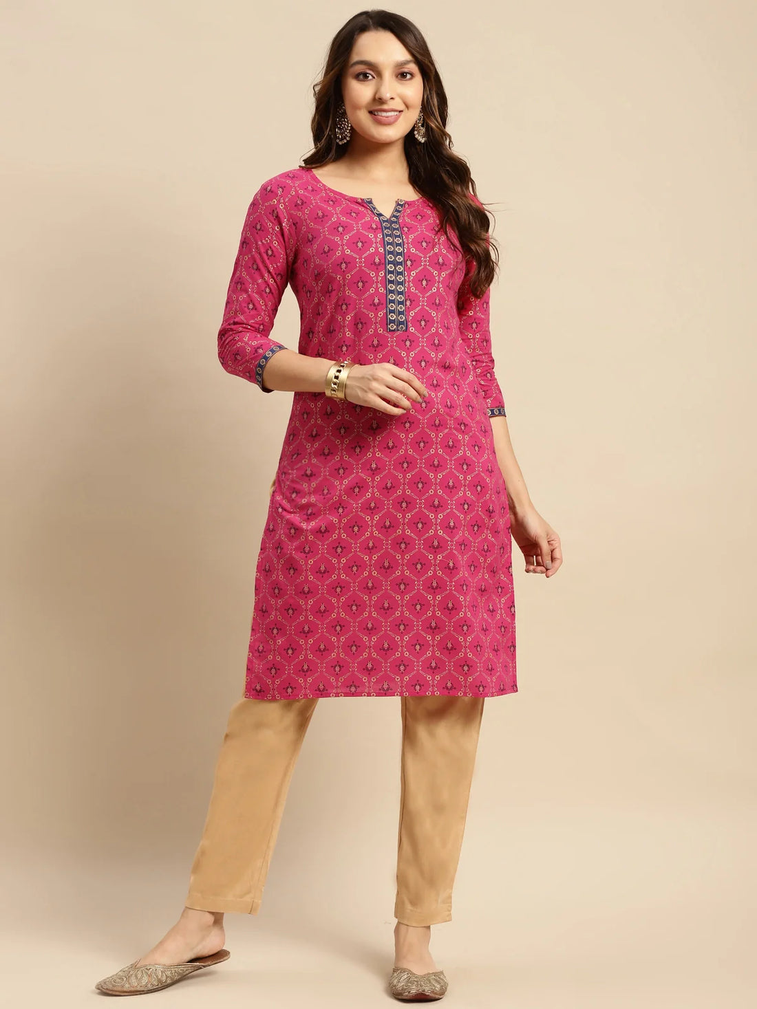 Buy 100% Cotton Contrast Placket Gold Printed Knee Length Straight Kurta-Pink