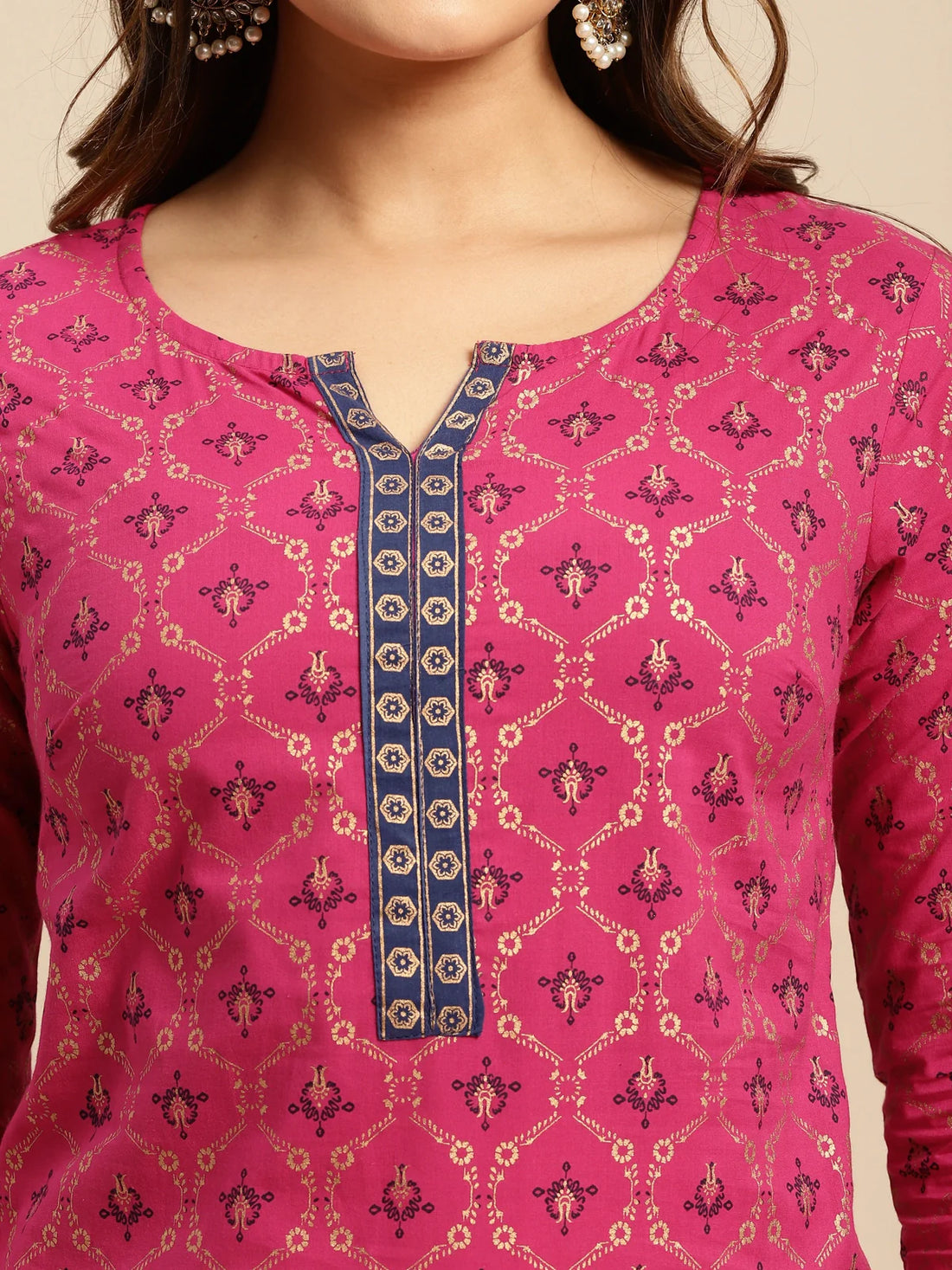 Buy 100% Cotton Contrast Placket Gold Printed Knee Length Straight Kurta-Pink