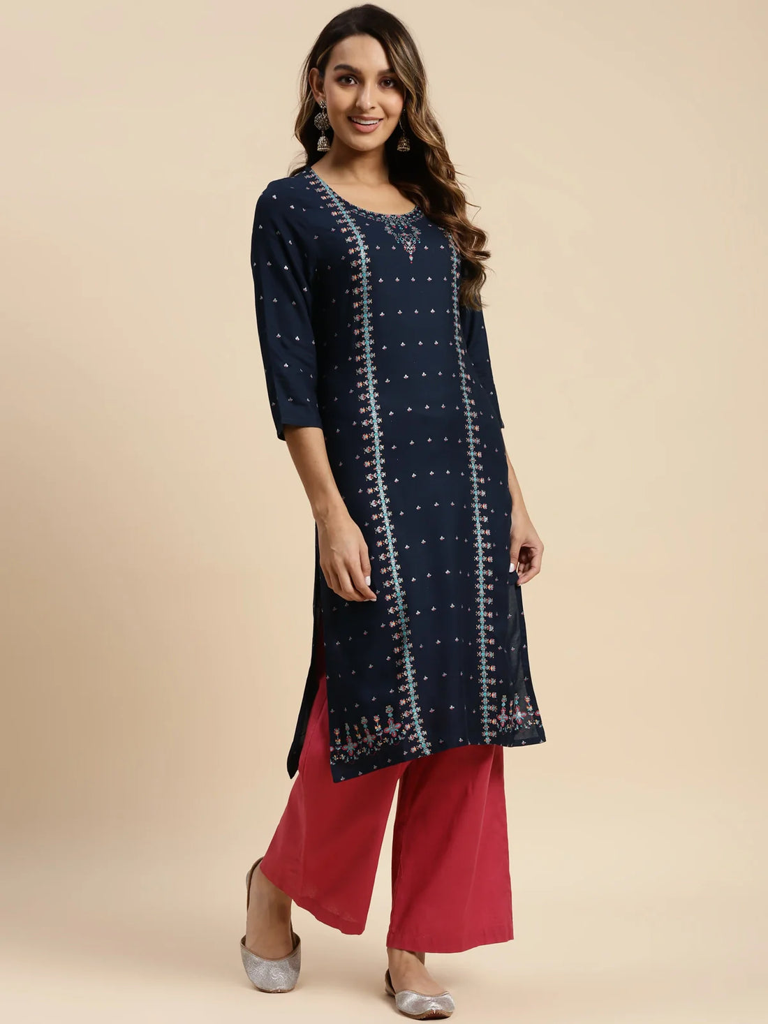 Buy Rayon Glitter Printed Calf Length Straight Kurta-Navy Blue