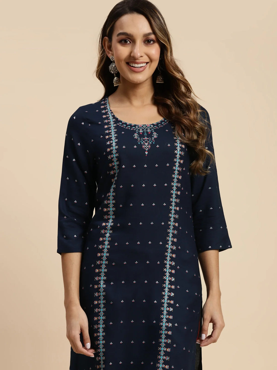 Buy Rayon Glitter Printed Calf Length Straight Kurta-Navy Blue