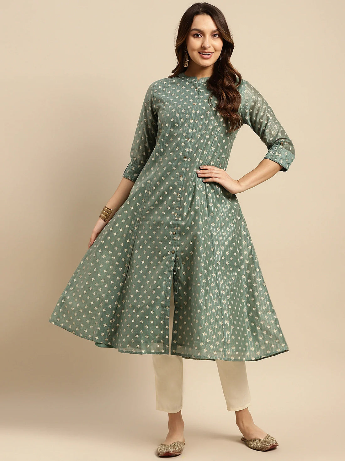 Buy Chanderi Printed Calf Length Kalidar Kurta-Green