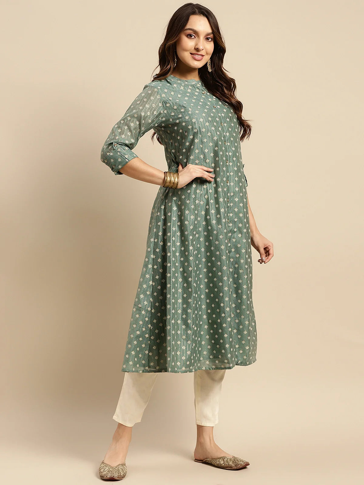 Buy Chanderi Printed Calf Length Kalidar Kurta-Green