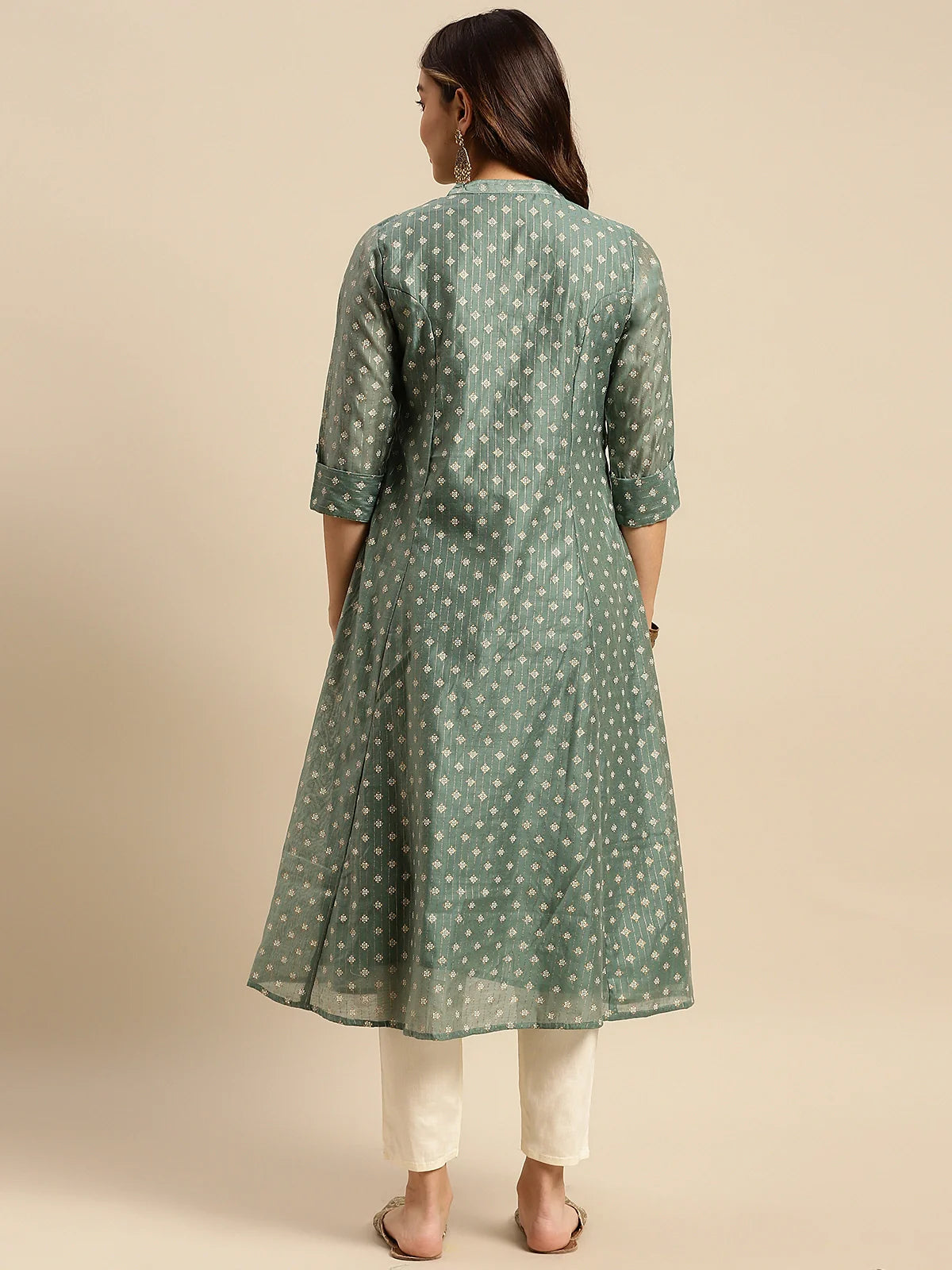 Buy Chanderi Printed Calf Length Kalidar Kurta-Green