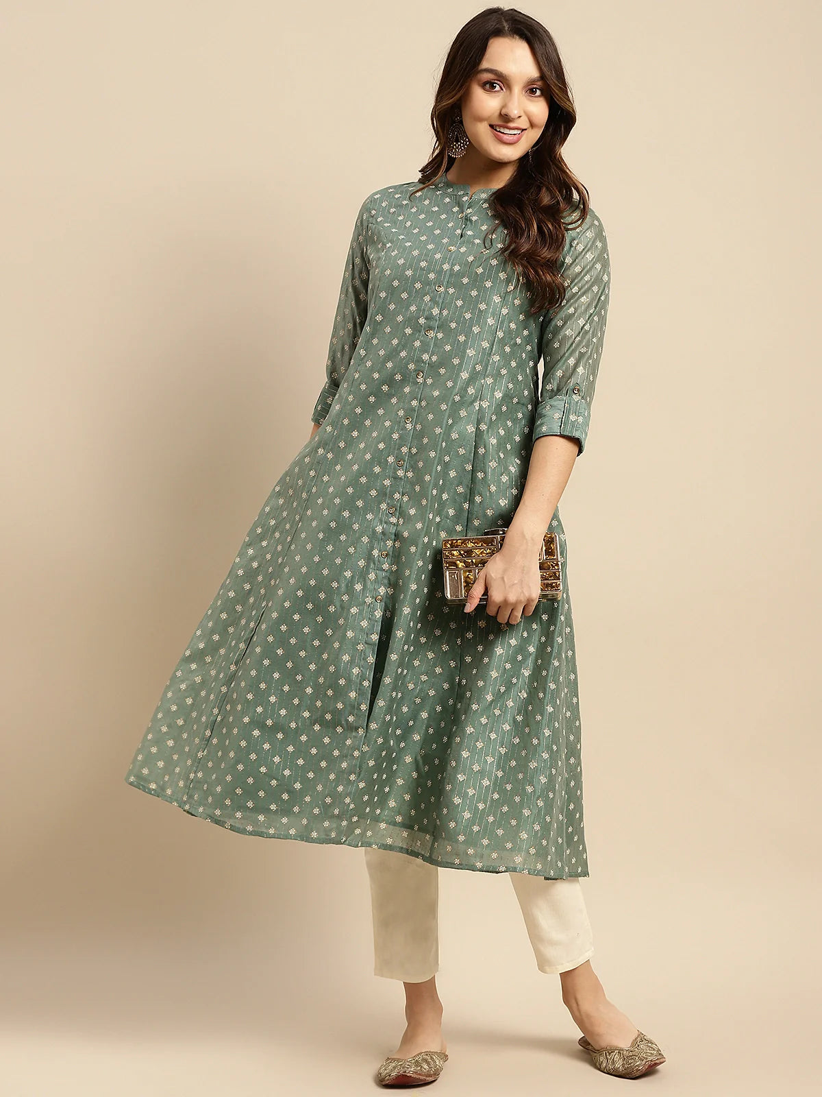 Buy Chanderi Printed Calf Length Kalidar Kurta-Green