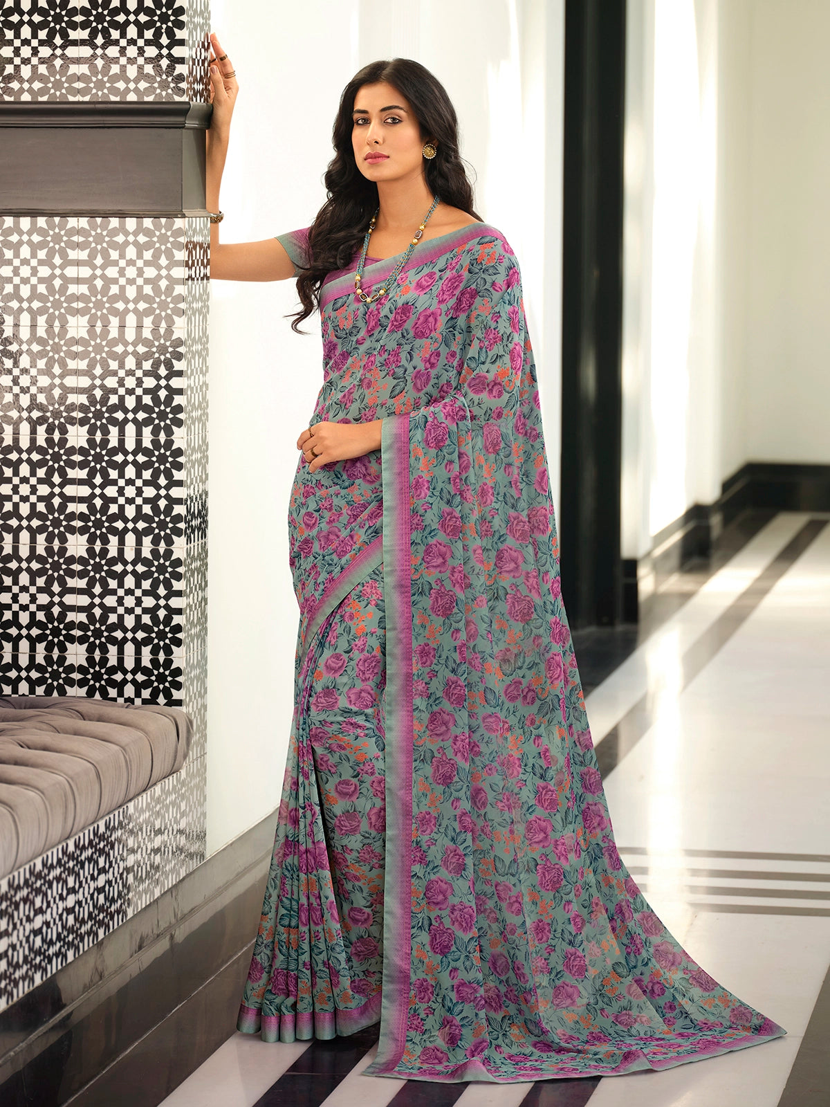 Buy Georgette Floral Printed Saree With Lace Border & Blouse Piece-Grey