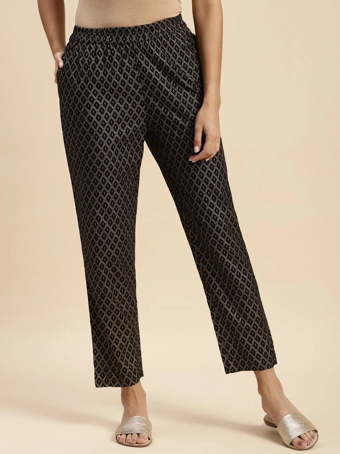 Buy Rayon Gold Printed Ankle Length Pencil Pant-Black