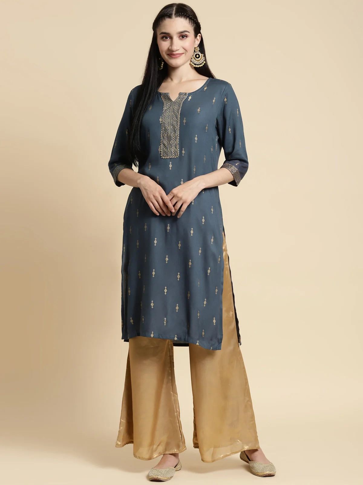 Buy Rayon Gold Printed Placket Knee Length Straight Kurta-Dark Grey