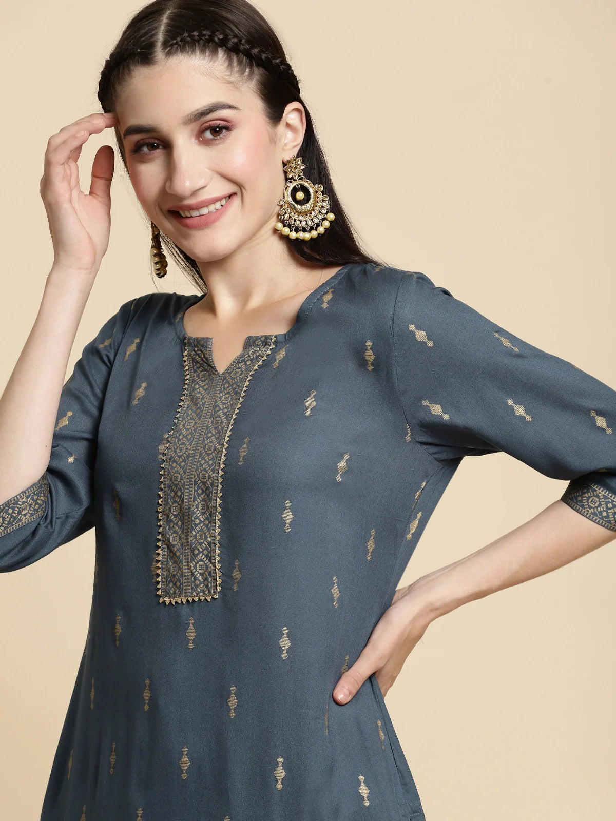 Buy Rayon Gold Printed Placket Knee Length Straight Kurta-Dark Grey