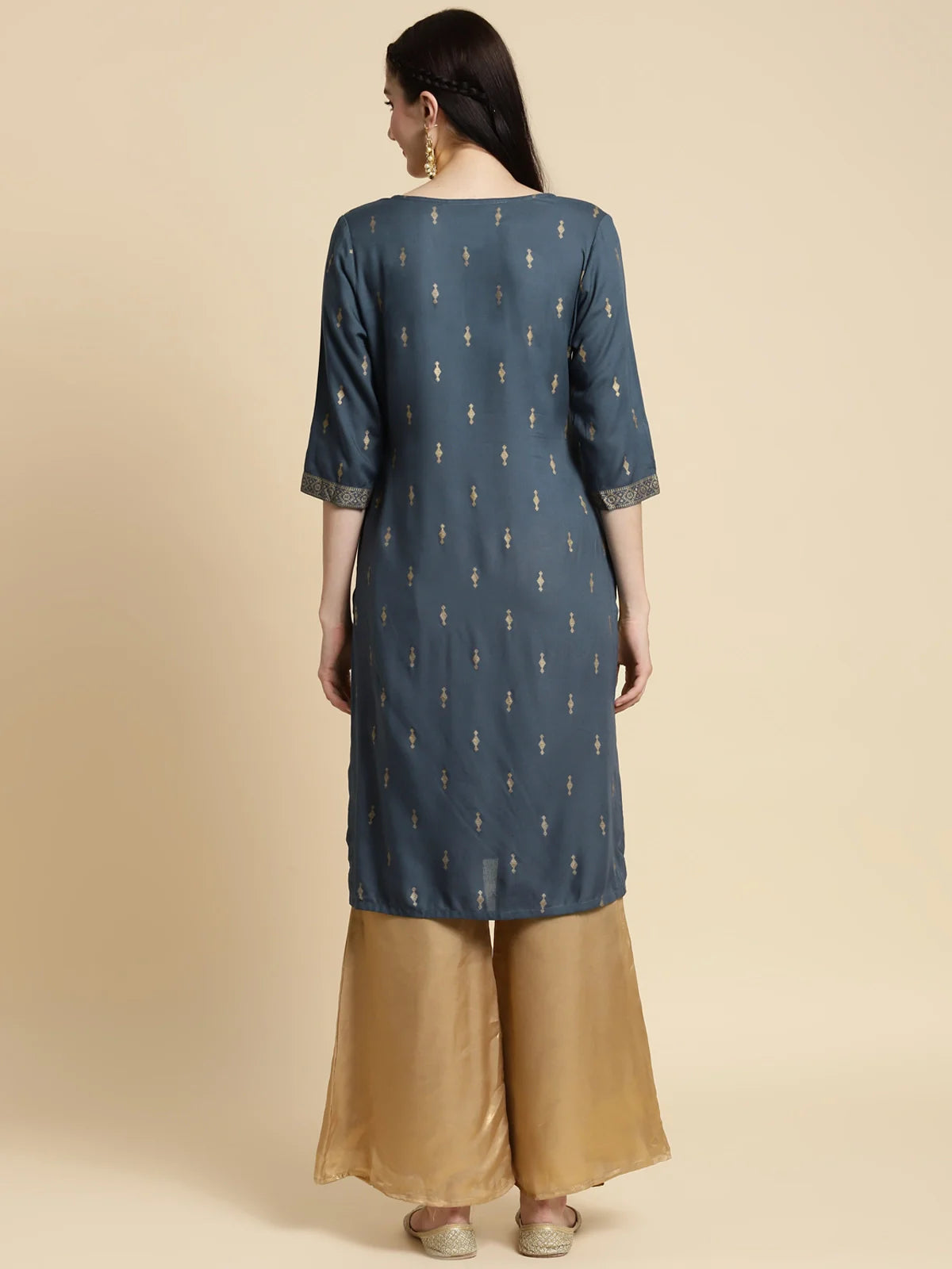 Buy Rayon Gold Printed Placket Knee Length Straight Kurta-Dark Grey