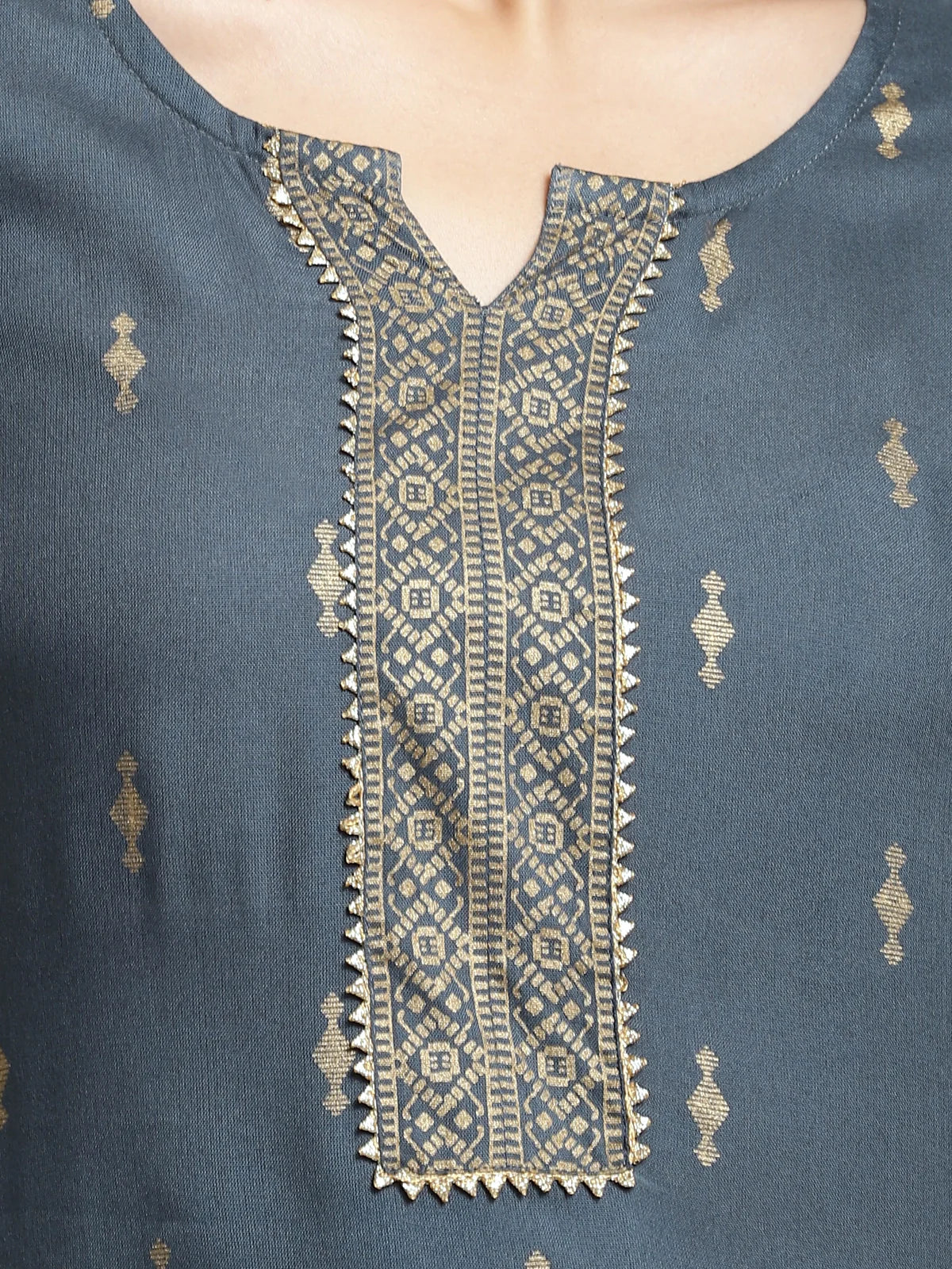 Buy Rayon Gold Printed Placket Knee Length Straight Kurta-Dark Grey