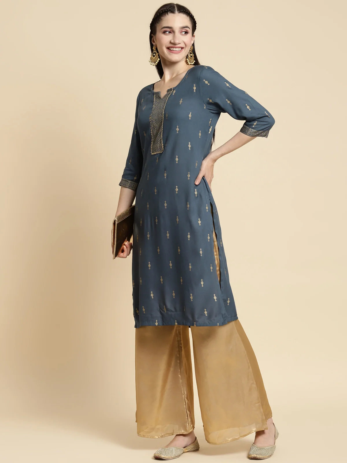 Buy Rayon Gold Printed Placket Knee Length Straight Kurta-Dark Grey