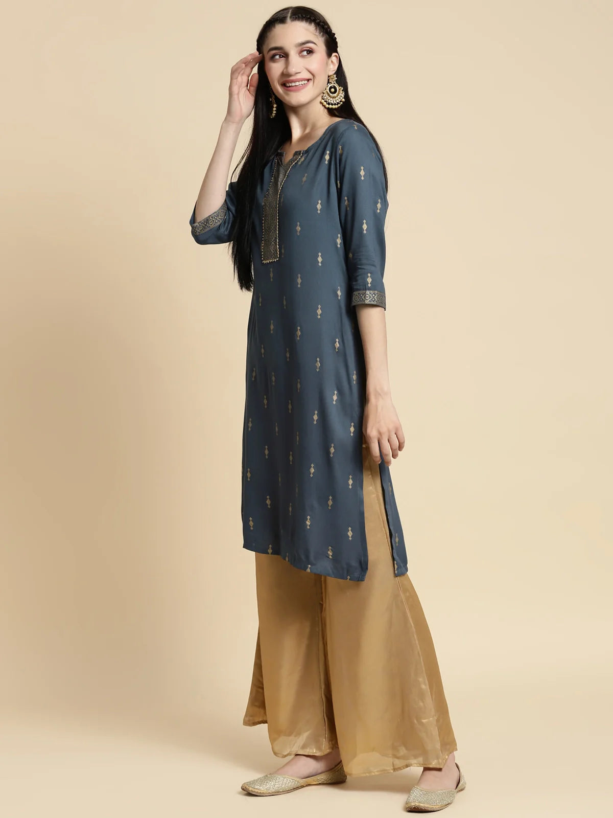 Buy Rayon Gold Printed Placket Knee Length Straight Kurta-Dark Grey