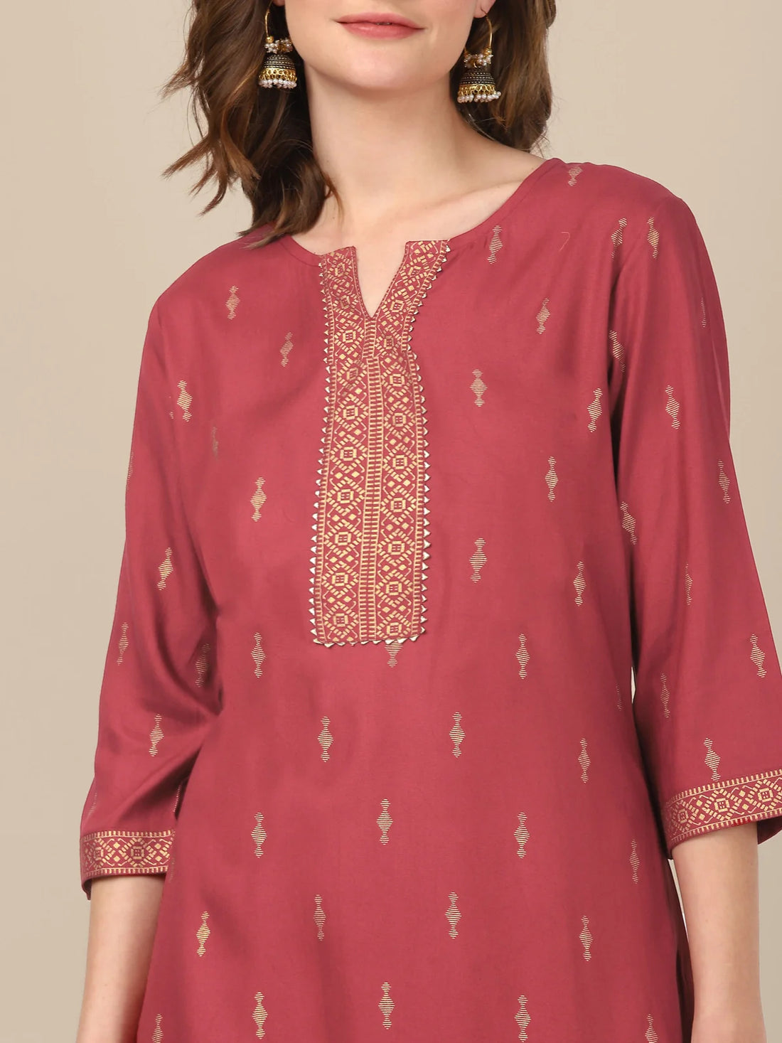 Buy Rayon Gold Printed Placket Knee Length Straight Kurta-Maroon