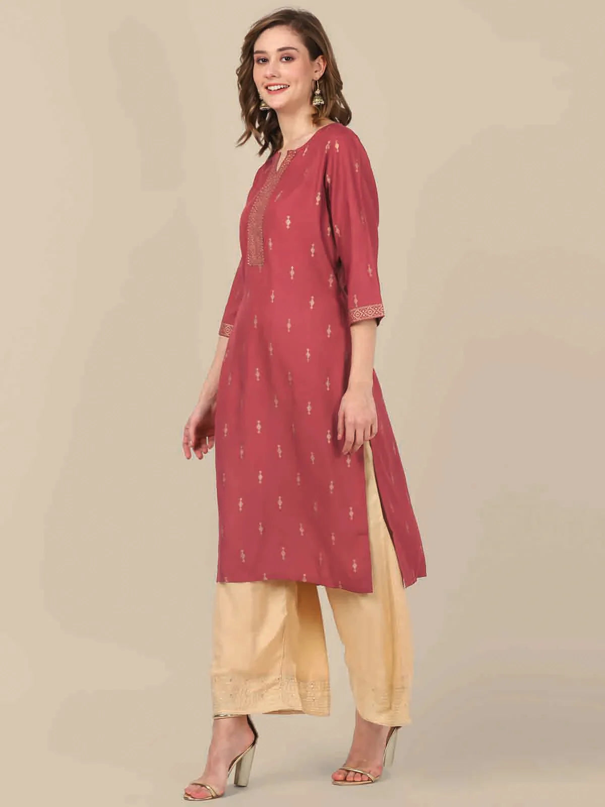 Buy Rayon Gold Printed Placket Knee Length Straight Kurta-Maroon