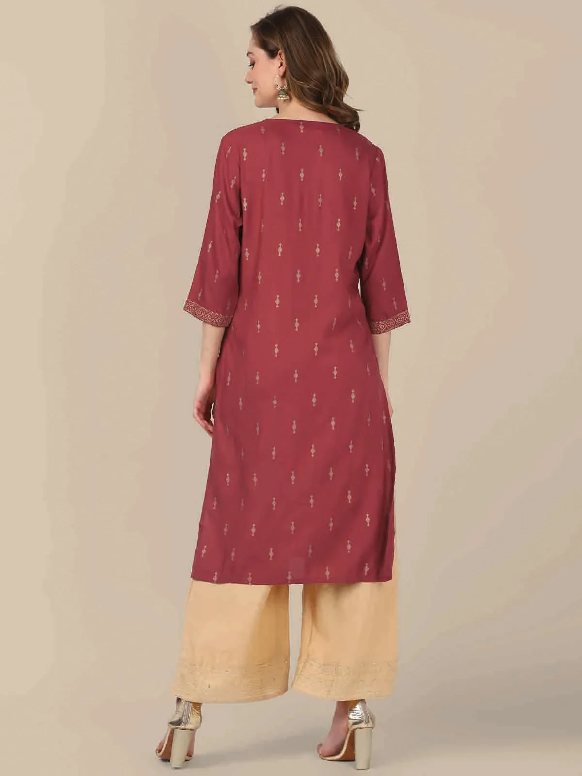 Buy Rayon Gold Printed Placket Knee Length Straight Kurta-Maroon