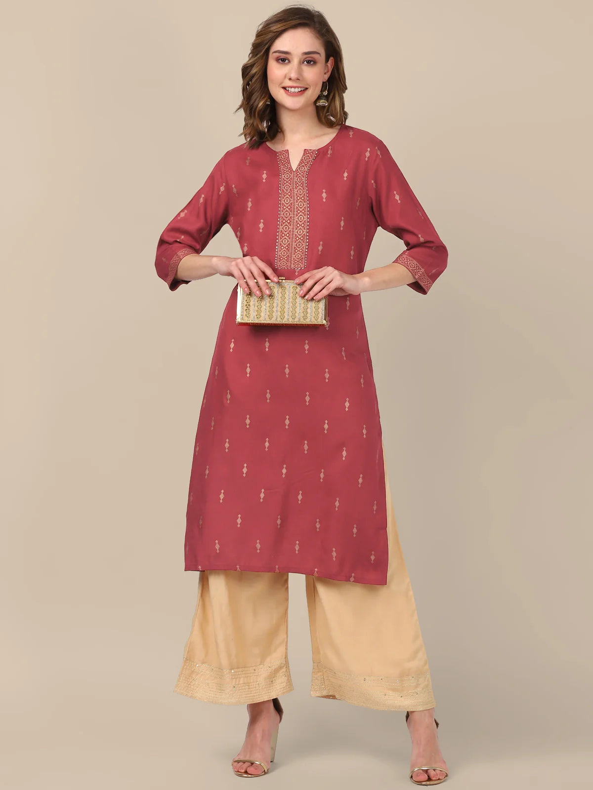 Buy Rayon Gold Printed Placket Knee Length Straight Kurta-Maroon