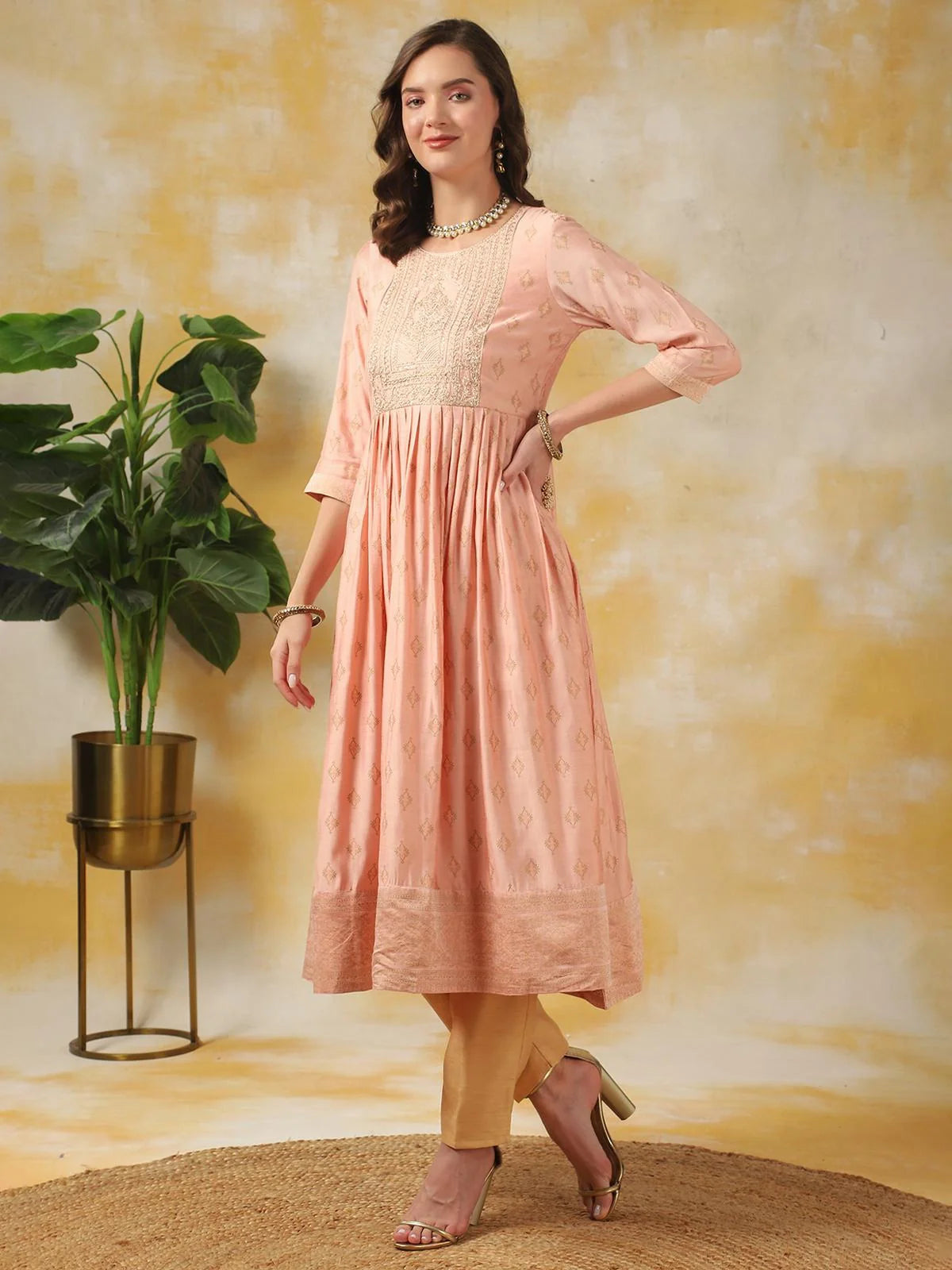 Buy Silk Embroidered Calf Length Anarkali Kurta-Peach