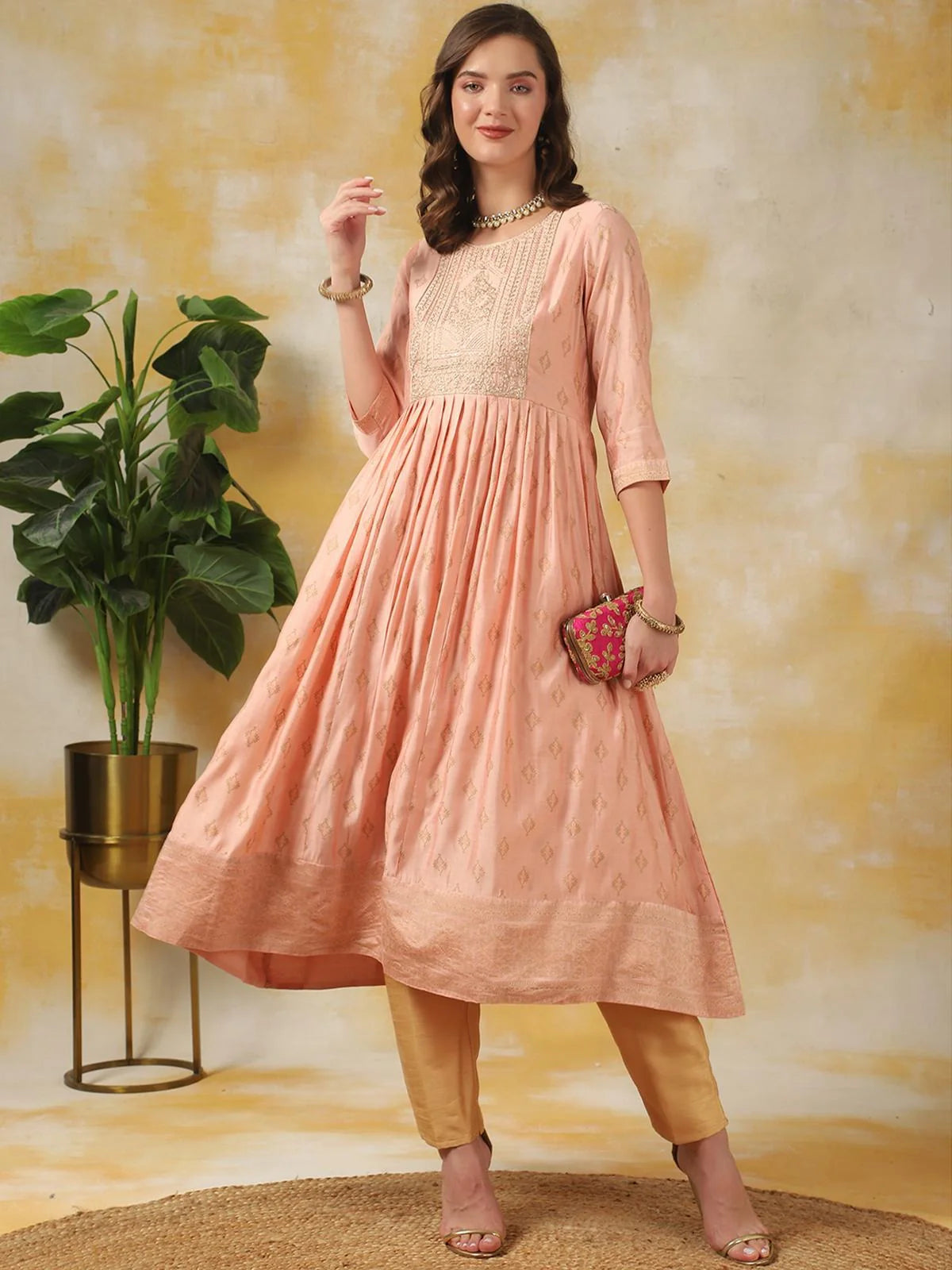 Buy Silk Embroidered Calf Length Anarkali Kurta-Peach