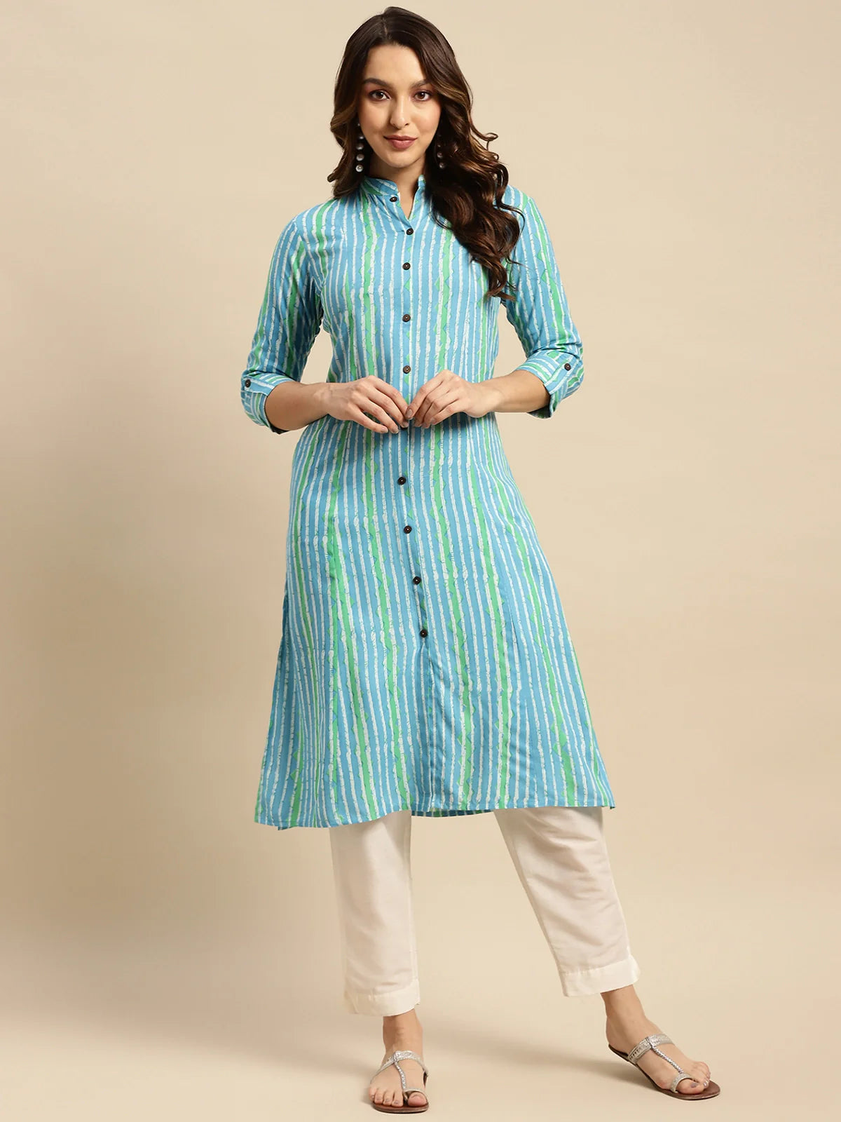 Buy Rayon Tonal Striped Calf Length Kurta With Front Button Placket-Blue