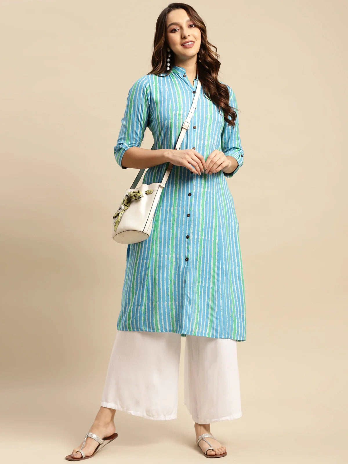 Buy Rayon Tonal Striped Calf Length Kurta With Front Button Placket-Blue