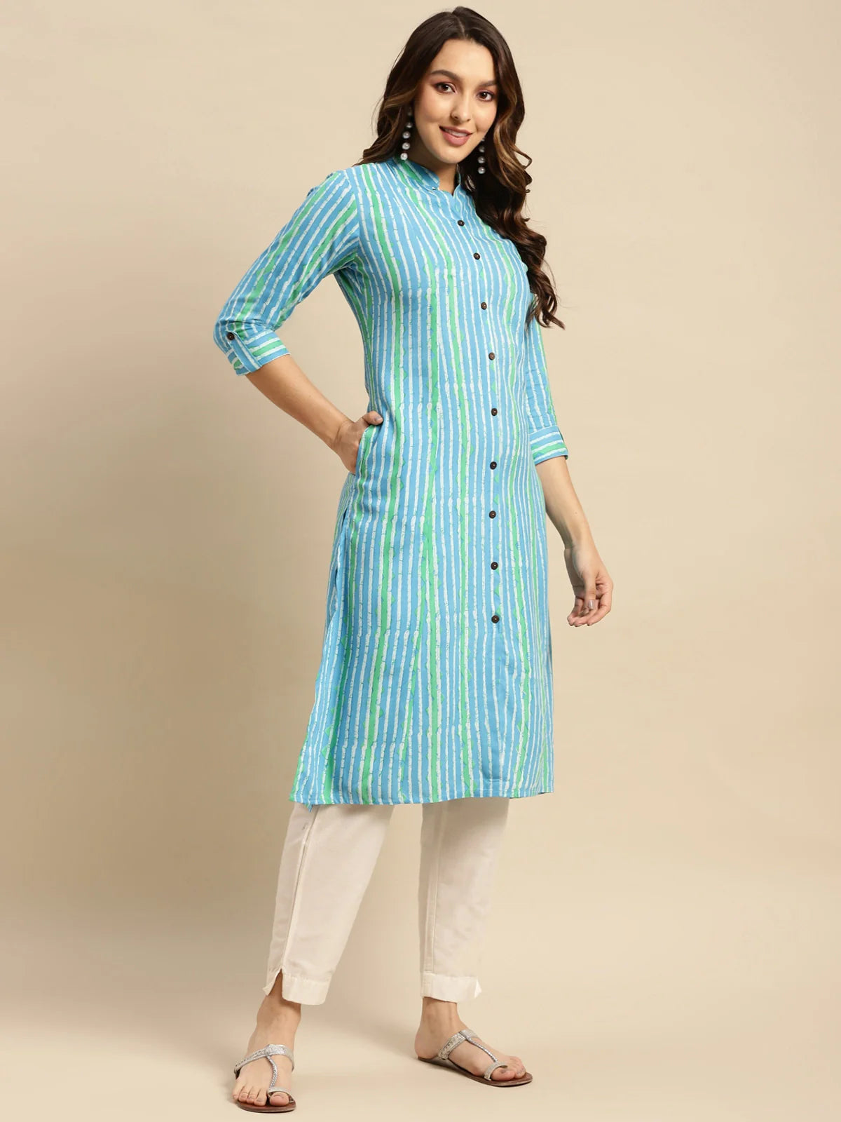 Buy Rayon Tonal Striped Calf Length Kurta With Front Button Placket-Blue