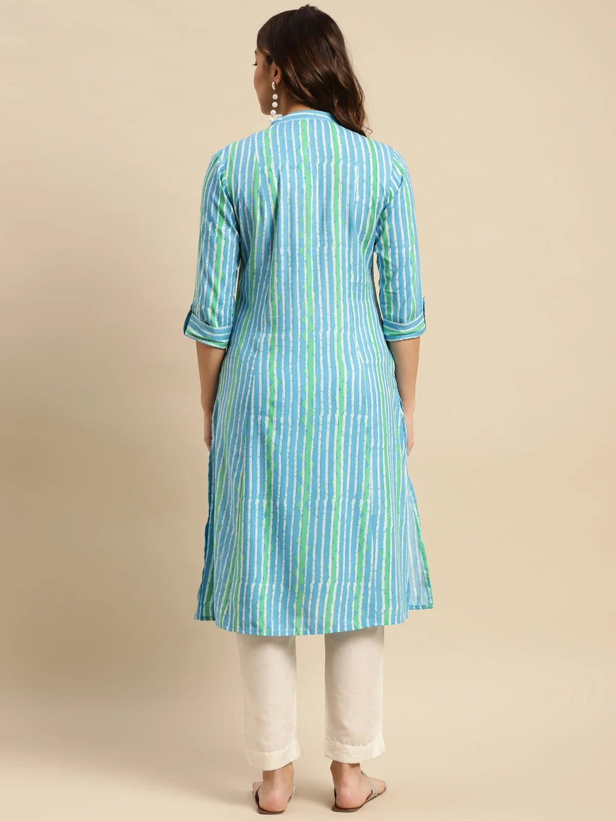 Buy Rayon Tonal Striped Calf Length Kurta With Front Button Placket-Blue