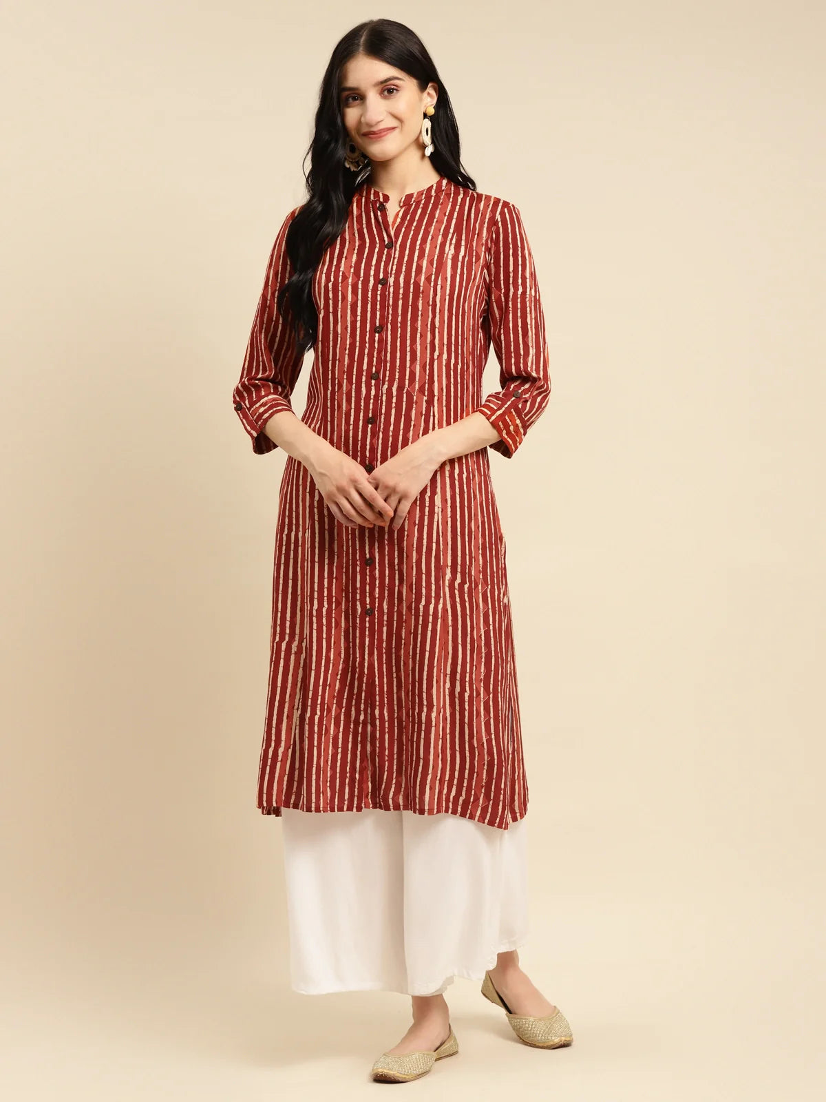 Buy Rayon Tonal Striped Calf Length Kurta With Front Button Placket-Rust