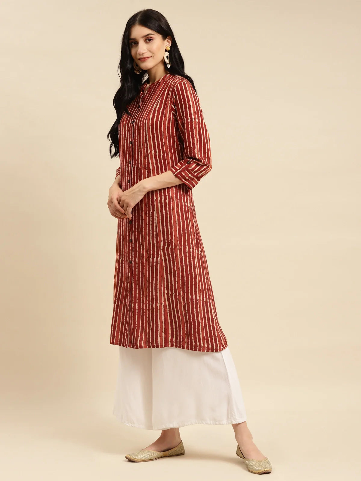 Buy Rayon Tonal Striped Calf Length Kurta With Front Button Placket-Rust