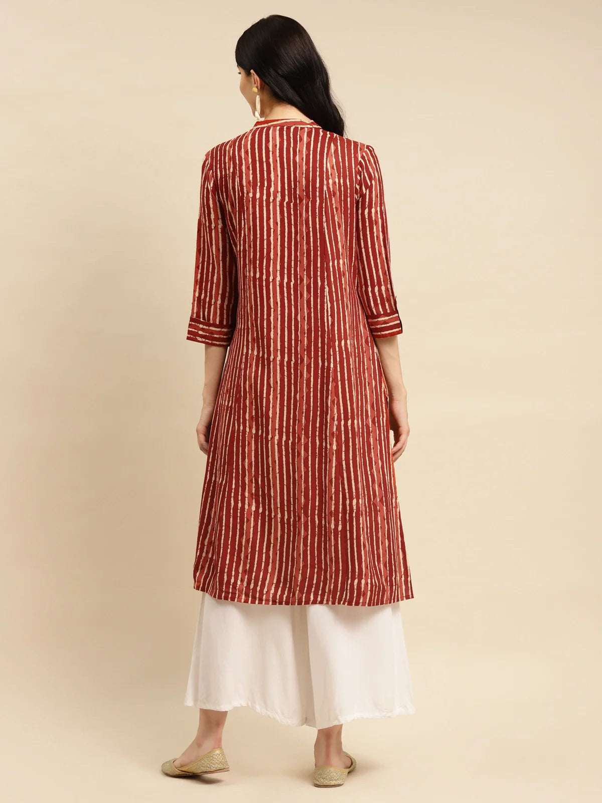 Buy Rayon Tonal Striped Calf Length Kurta With Front Button Placket-Rust