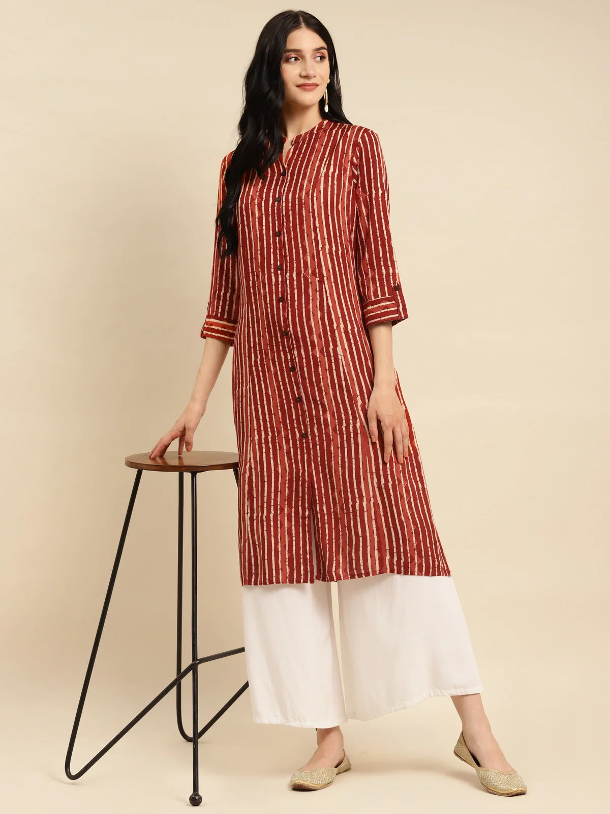 Buy Rayon Tonal Striped Calf Length Kurta With Front Button Placket-Rust