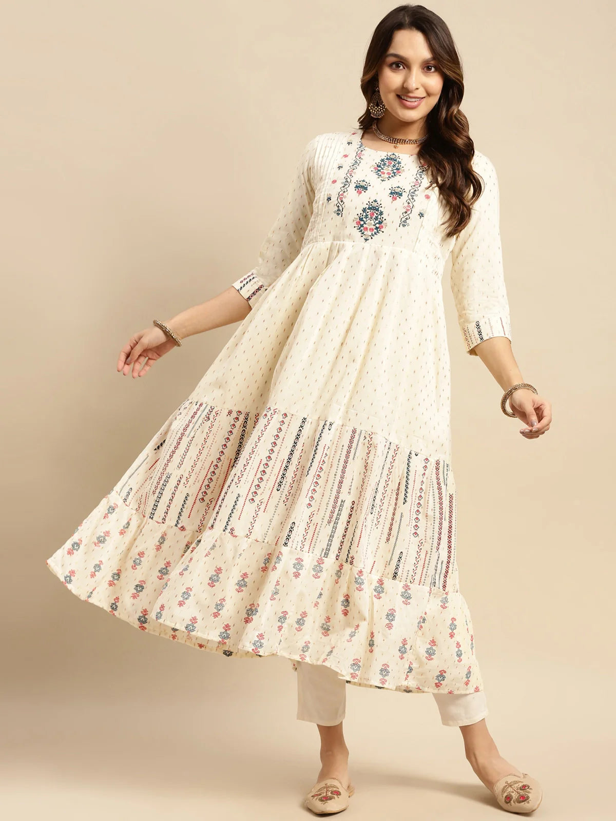 Buy 100% Cotton Yoke Embroidered Self Textured Calf Length Anarkali Kurta-Off White