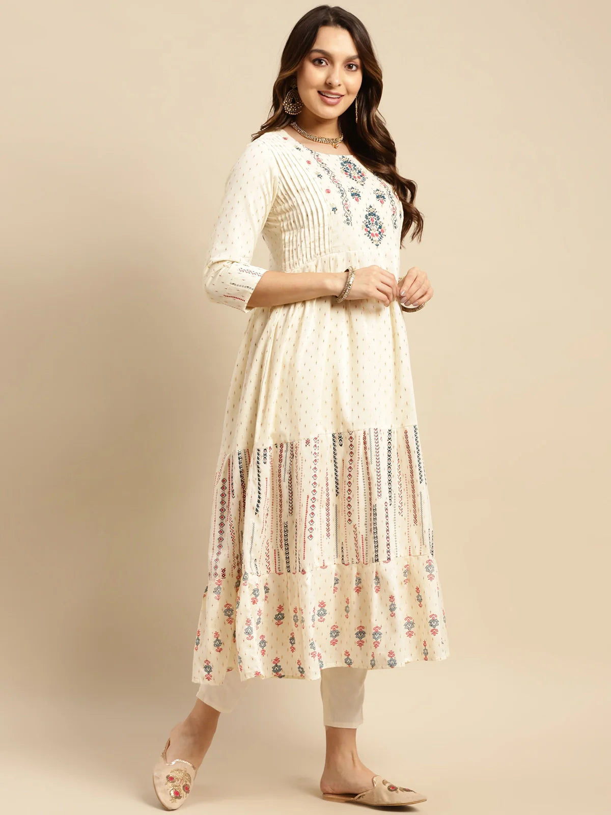 Buy 100% Cotton Yoke Embroidered Self Textured Calf Length Anarkali Kurta-Off White