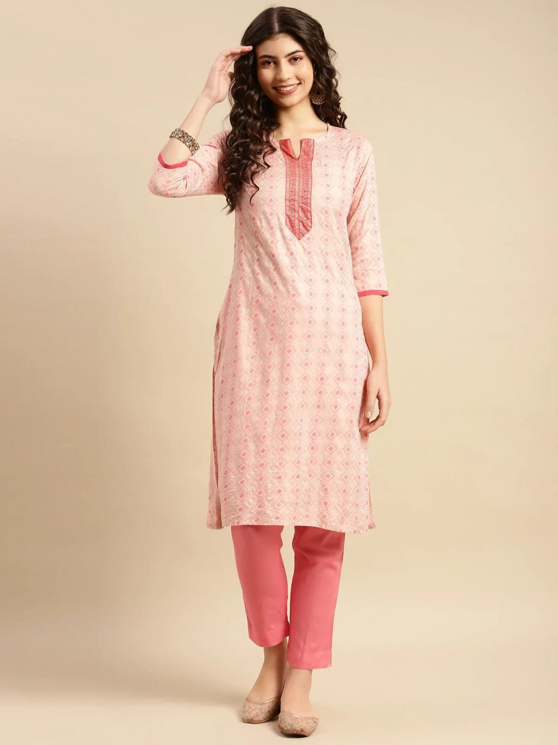 Buy Rayon Geometric Printed Calf Length Straight Kurta With Pant-White