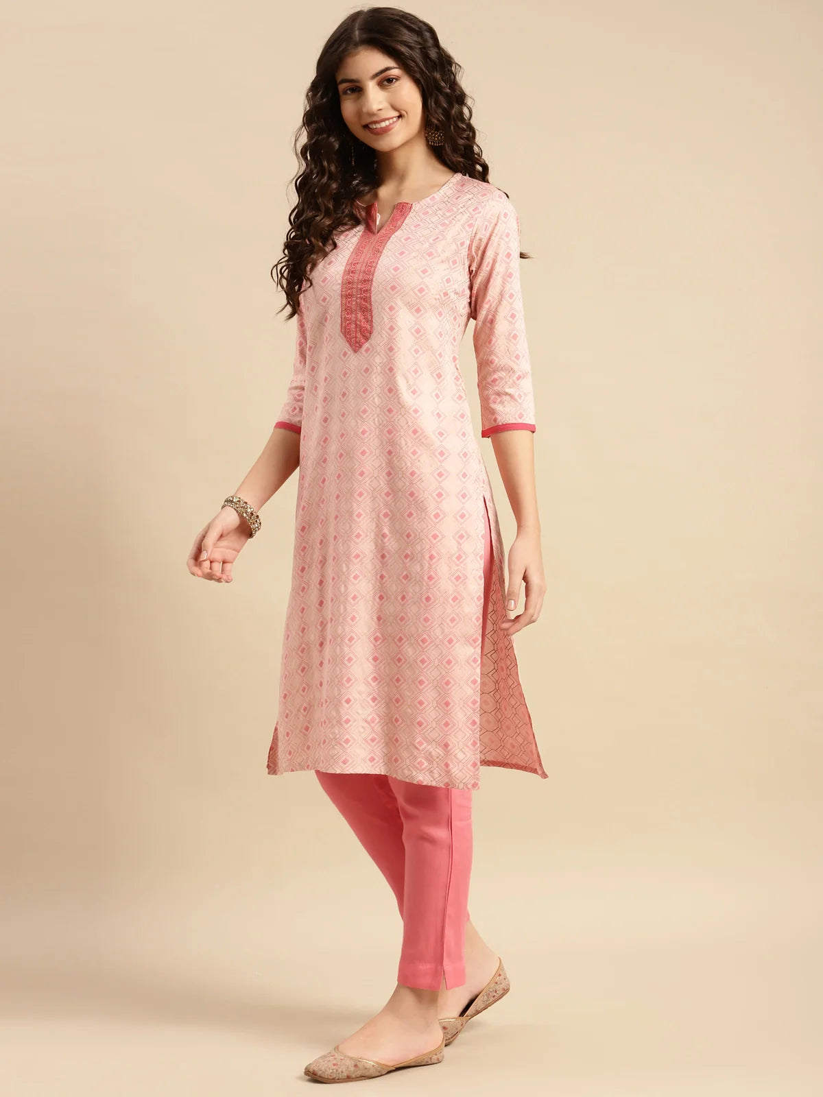 Buy Rayon Geometric Printed Calf Length Straight Kurta With Pant-Peach