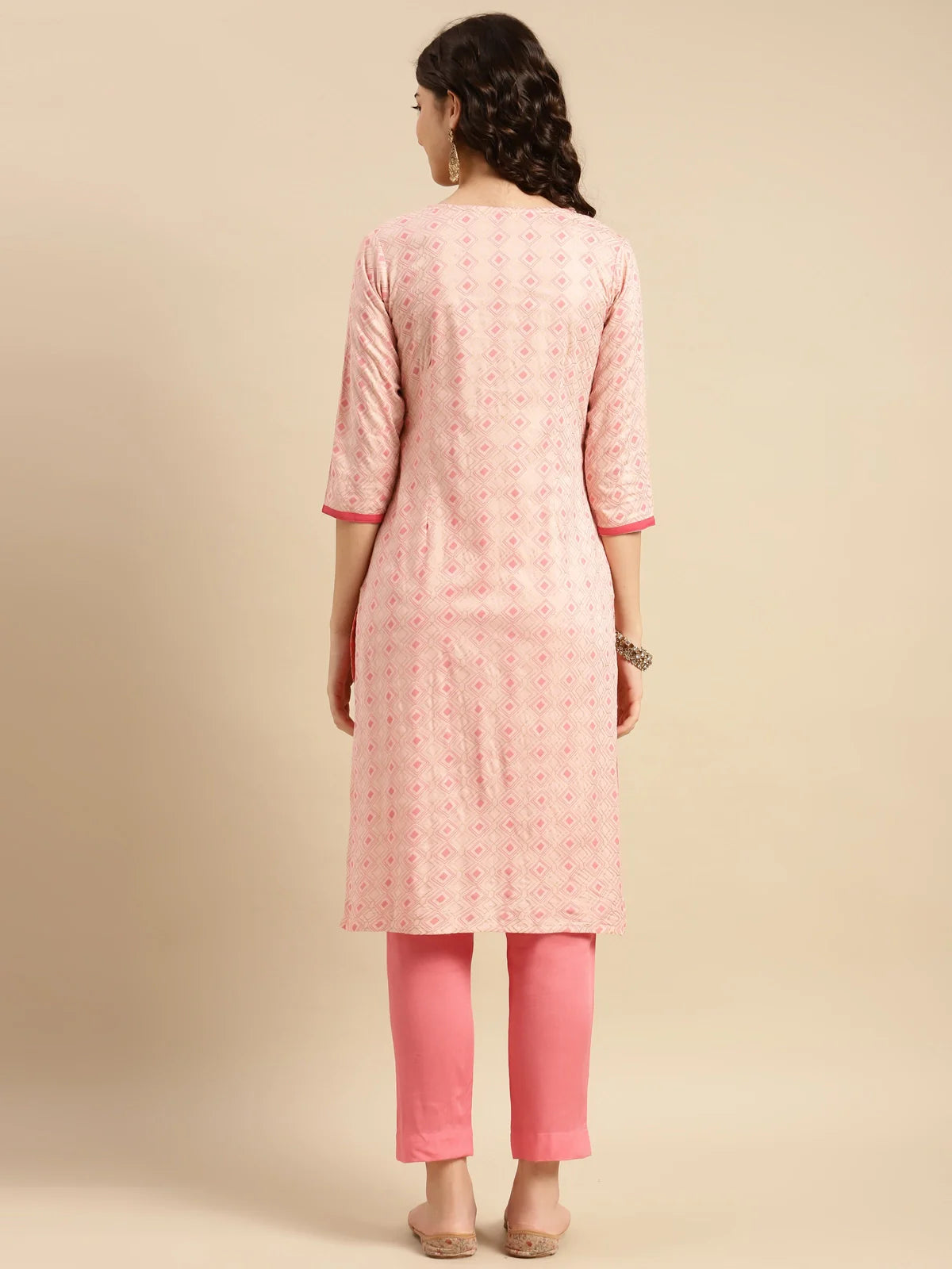 Buy Rayon Geometric Printed Calf Length Straight Kurta With Pant-Peach