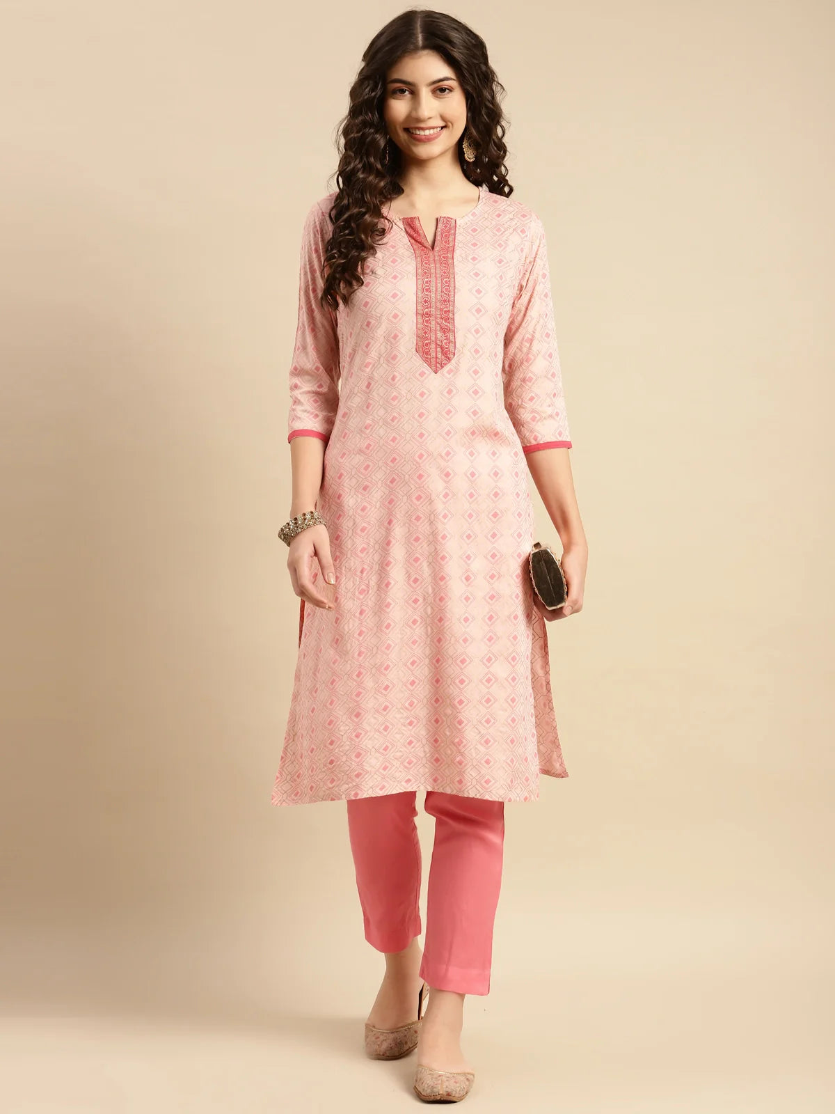 Buy Rayon Geometric Printed Calf Length Straight Kurta With Pant-Peach