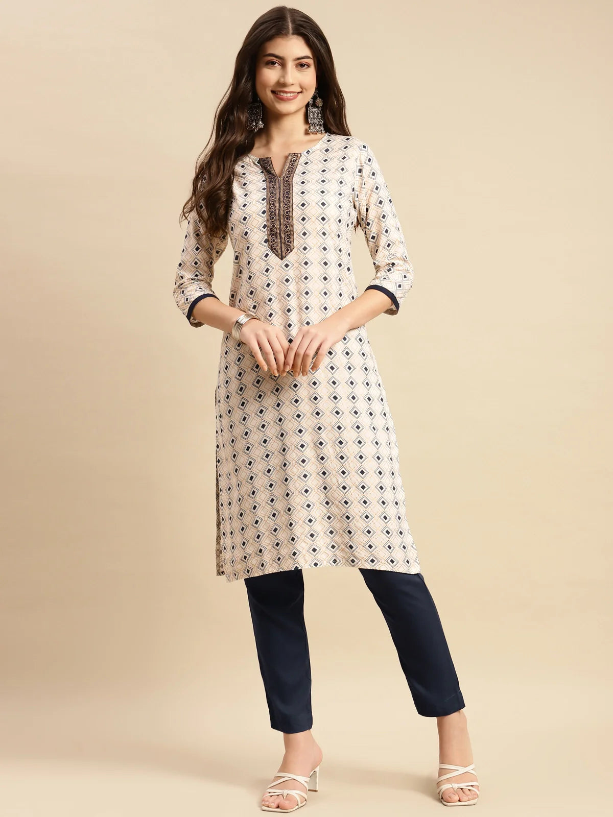 Buy Rayon Geometric Printed Calf Length Straight Kurta With Pant-White