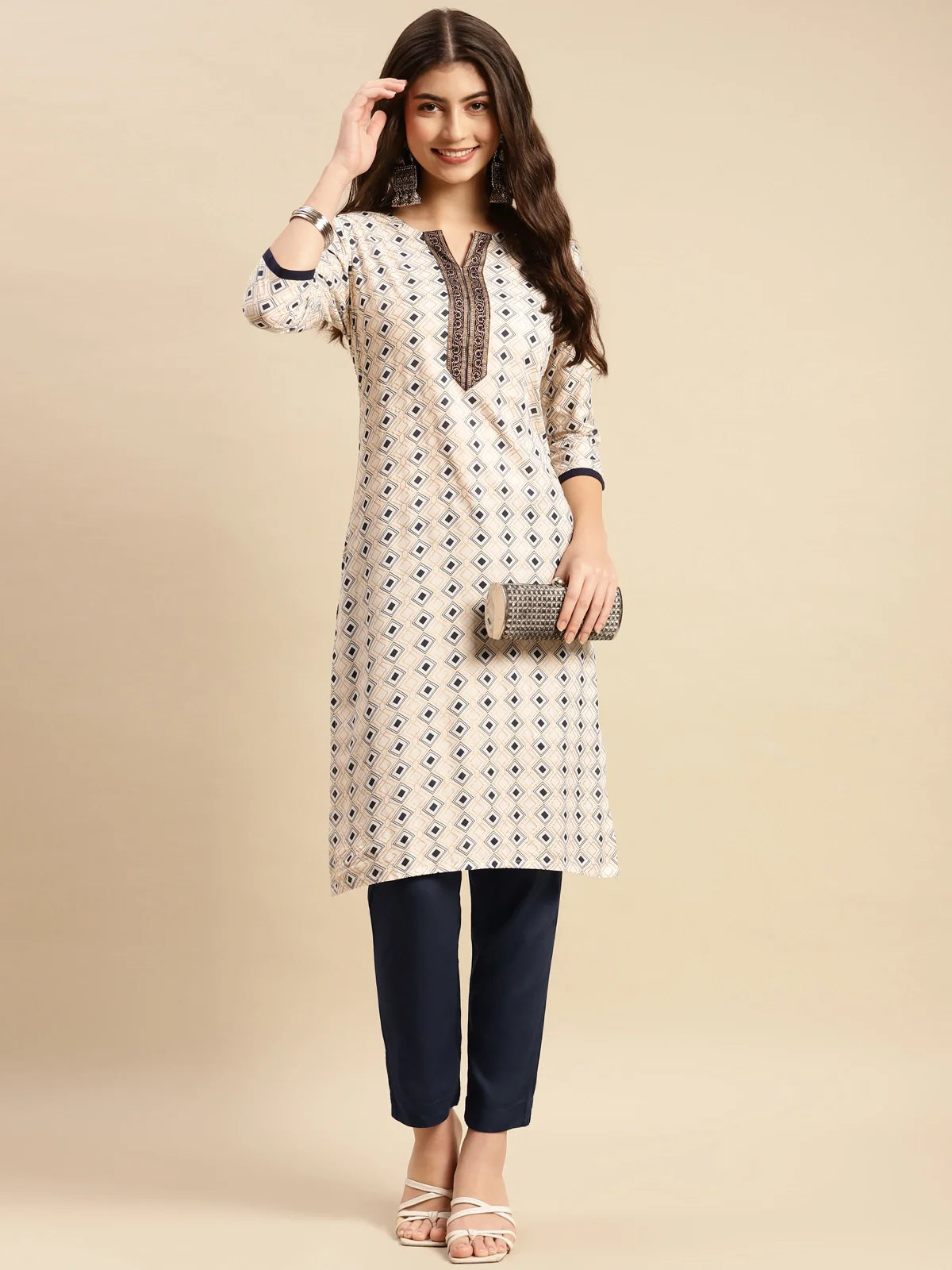 Buy Rayon Geometric Printed Calf Length Straight Kurta With Pant-White