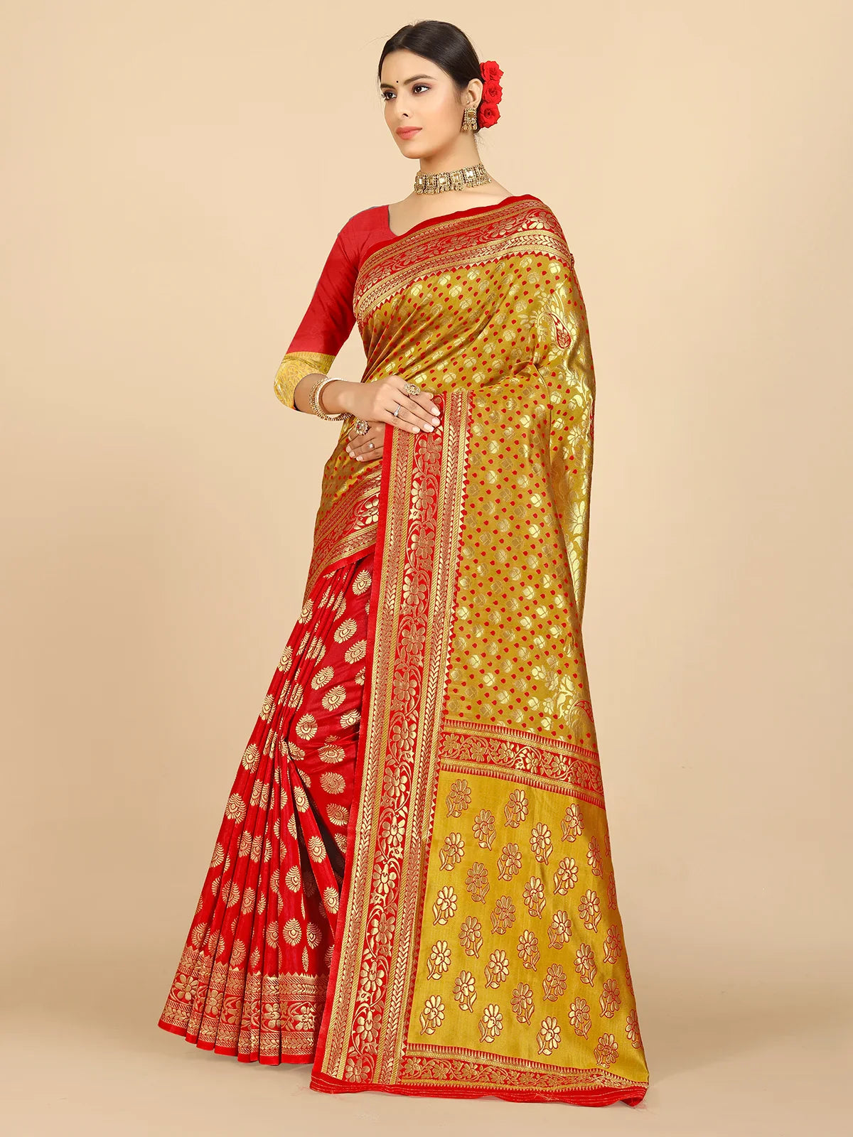 Buy Banarasi Silk Jacquard Saree With Blouse Piece-Gold