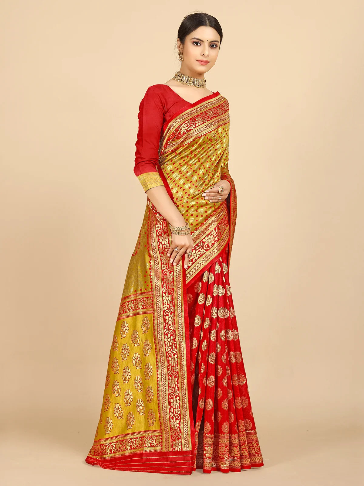 Buy Banarasi Silk Jacquard Saree With Blouse Piece-Gold