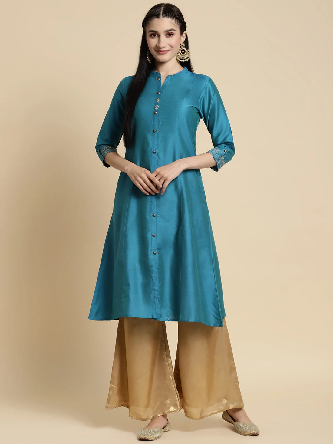 Buy Embroidered Calf Length A-line Kurta With Sleeves Tabs-Teal