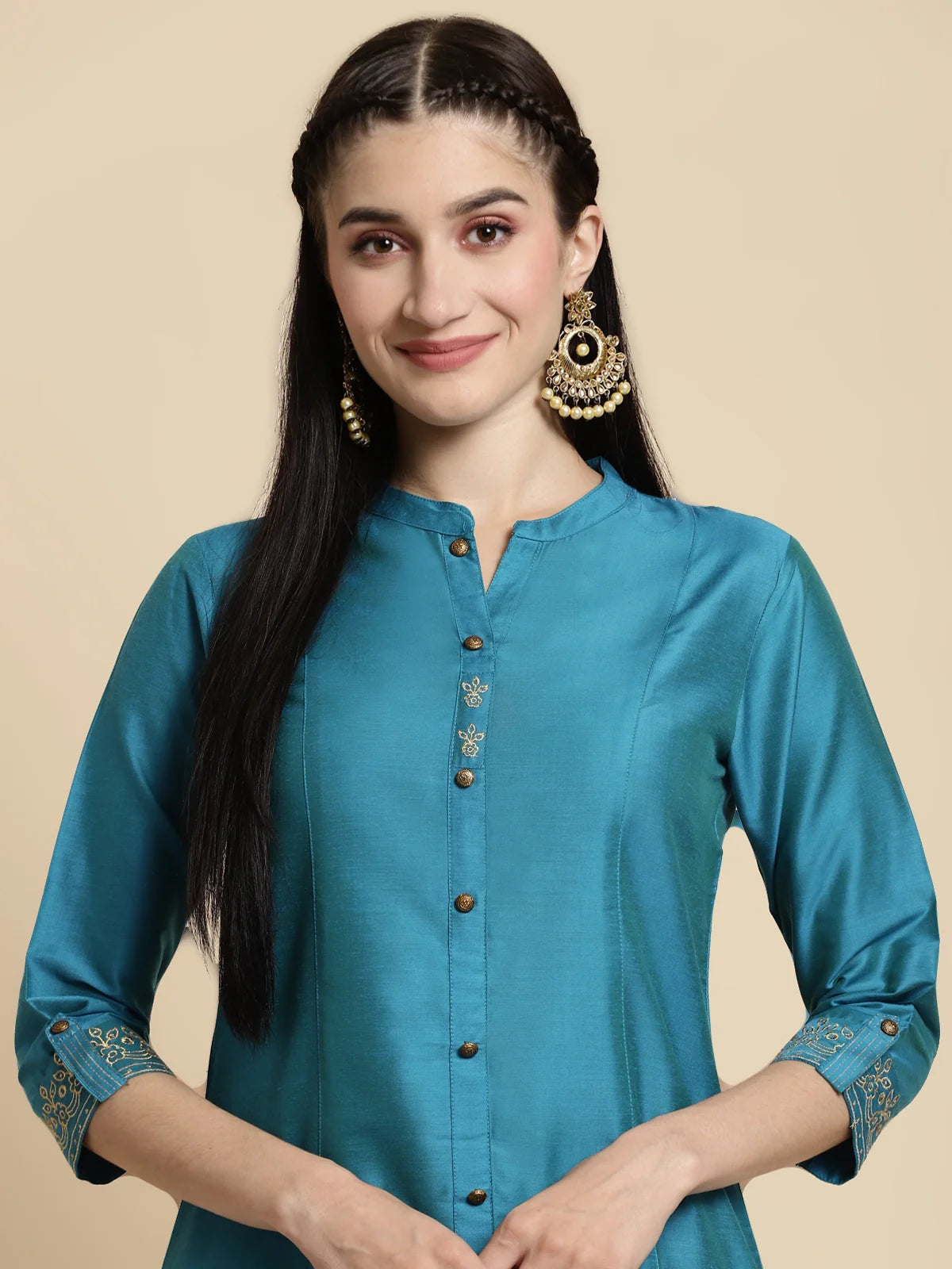 Buy Embroidered Calf Length A-line Kurta With Sleeves Tabs-Teal