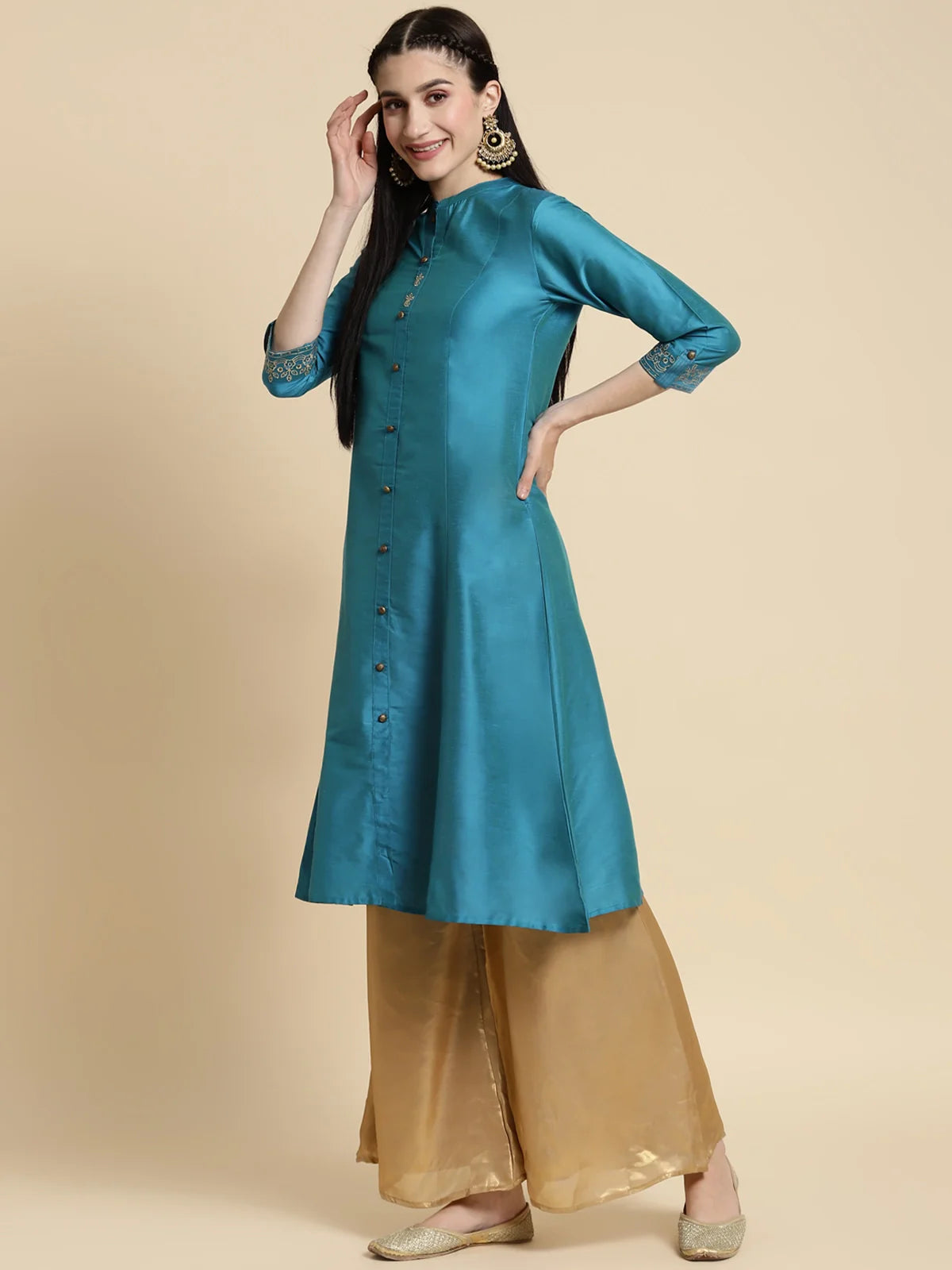 Buy Embroidered Calf Length A-line Kurta With Sleeves Tabs-Teal