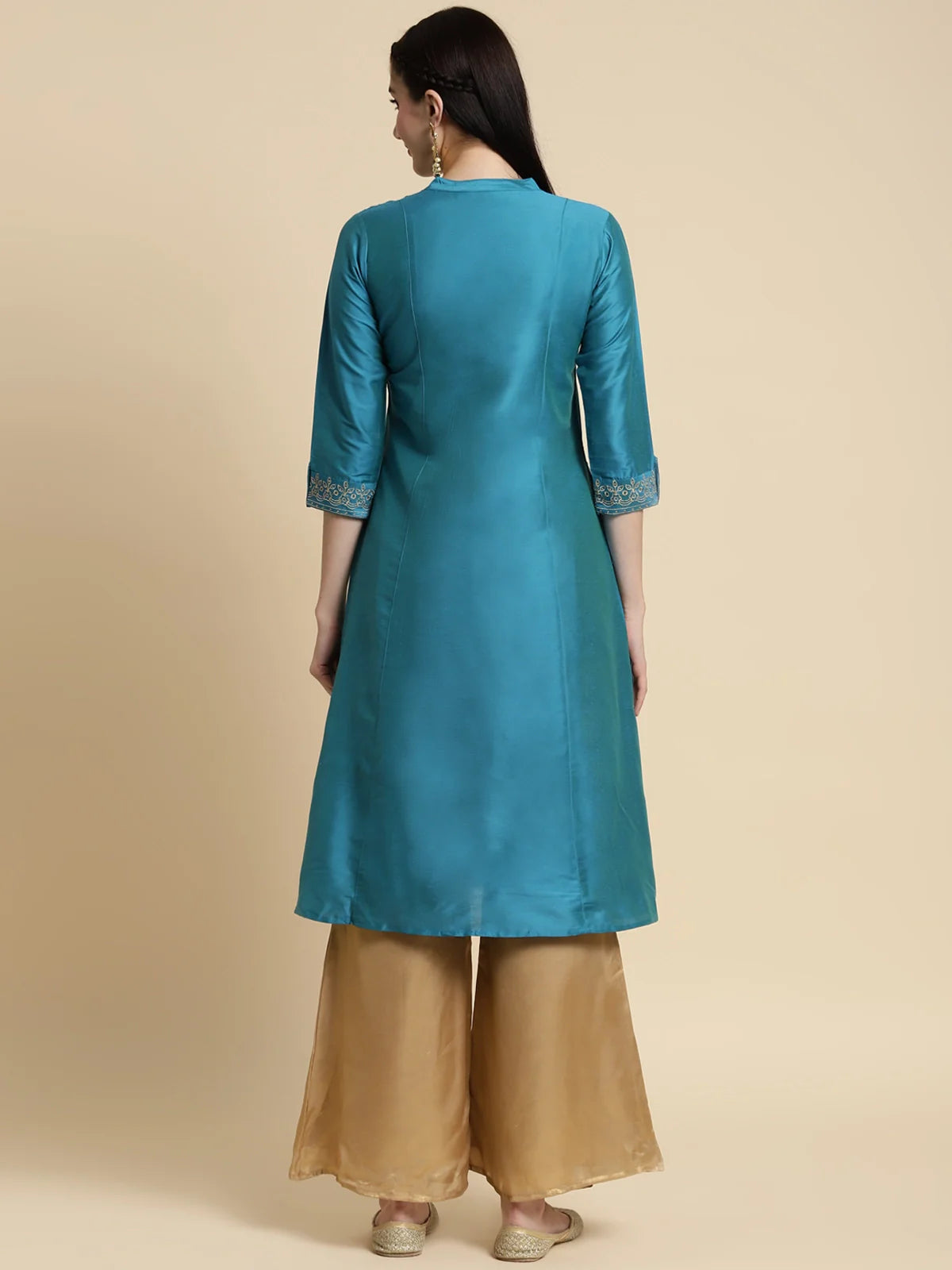 Buy Embroidered Calf Length A-line Kurta With Sleeves Tabs-Teal