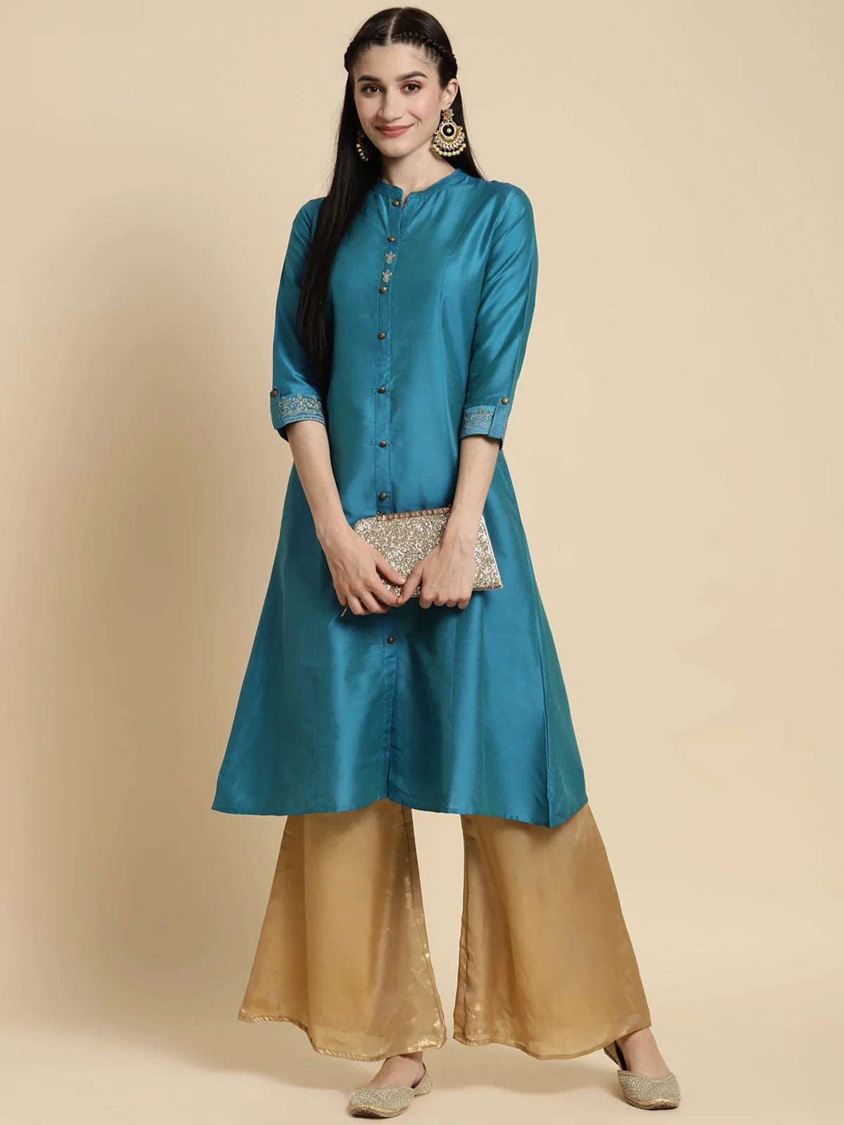 Buy Embroidered Calf Length A-line Kurta With Sleeves Tabs-Teal