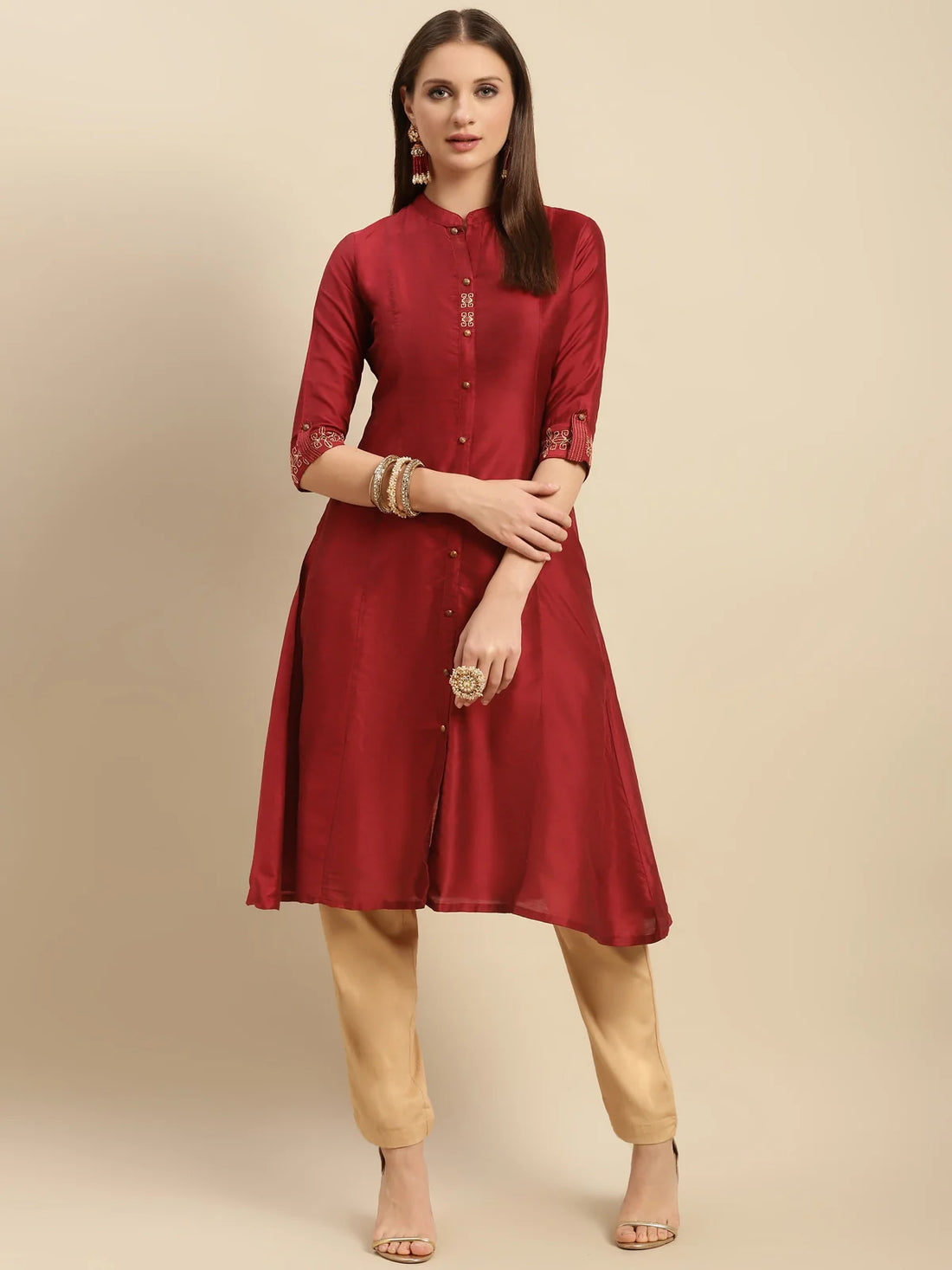 Buy Embroidered Calf Length A-line Kurta With Sleeves Tabs-Maroon