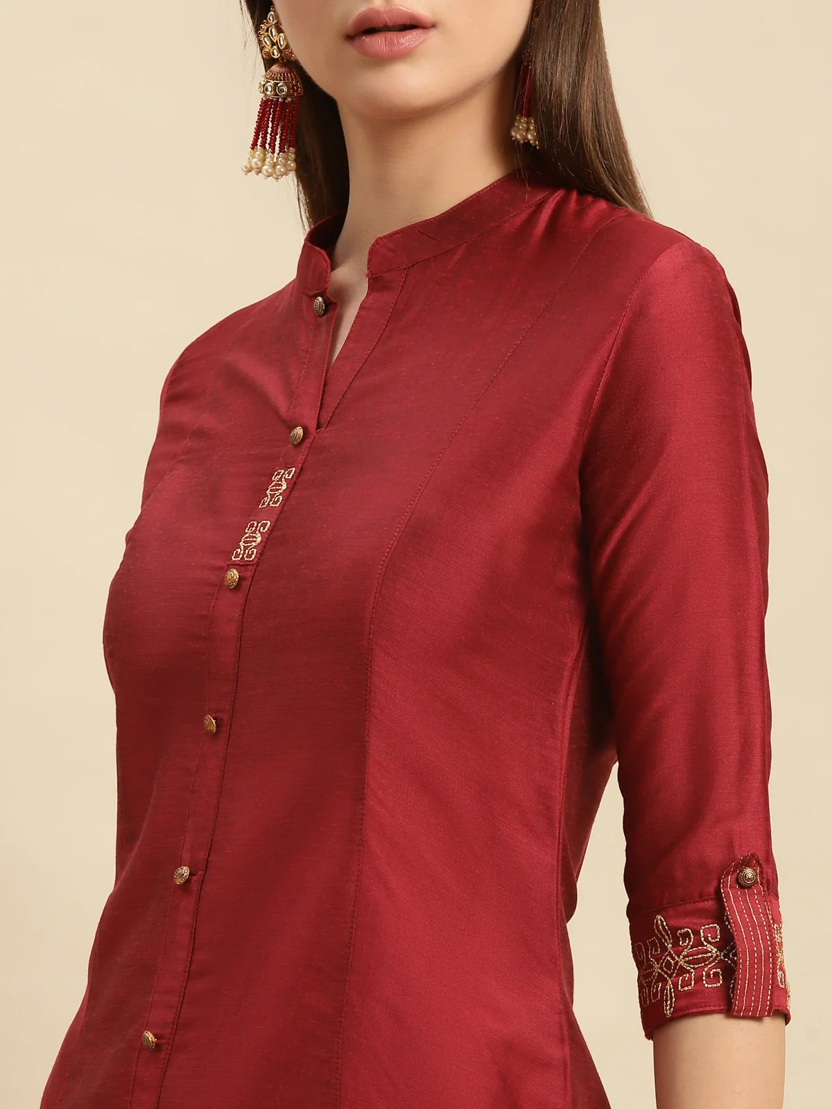 Buy Embroidered Calf Length A-line Kurta With Sleeves Tabs-Maroon