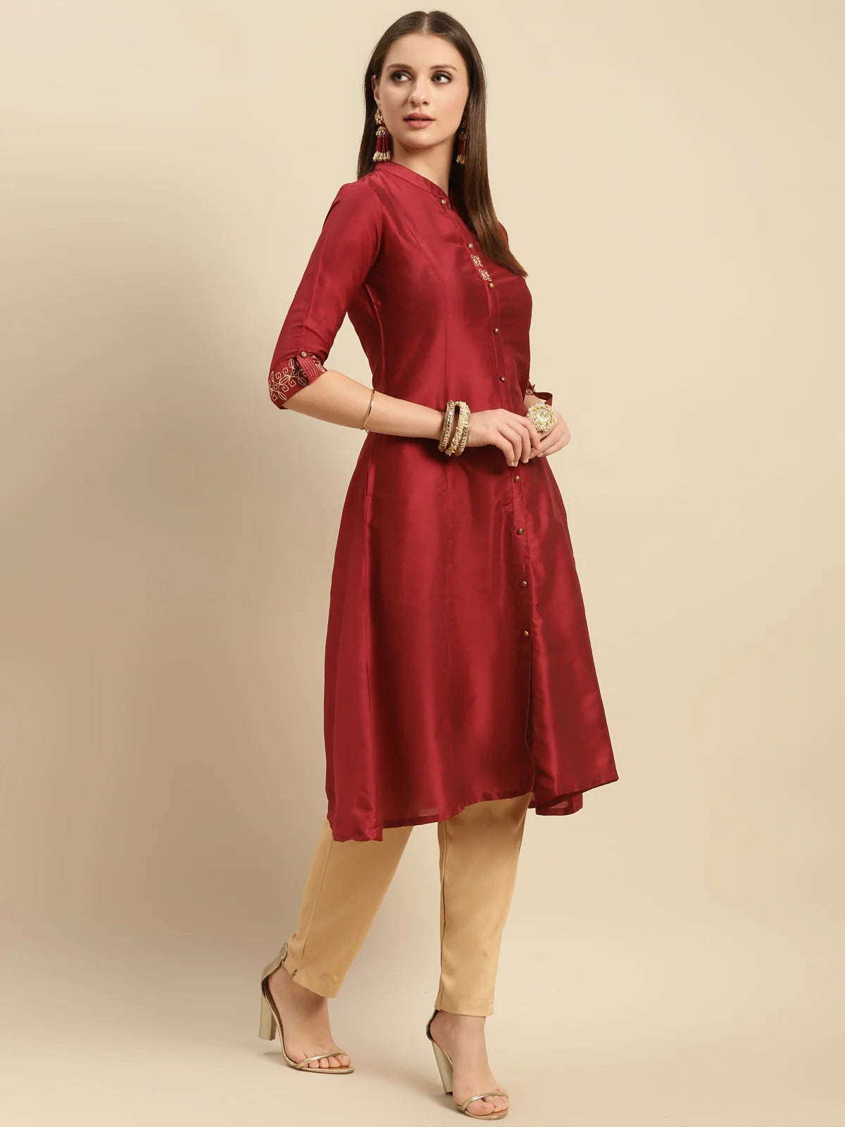 Buy Embroidered Calf Length A-line Kurta With Sleeves Tabs-Maroon